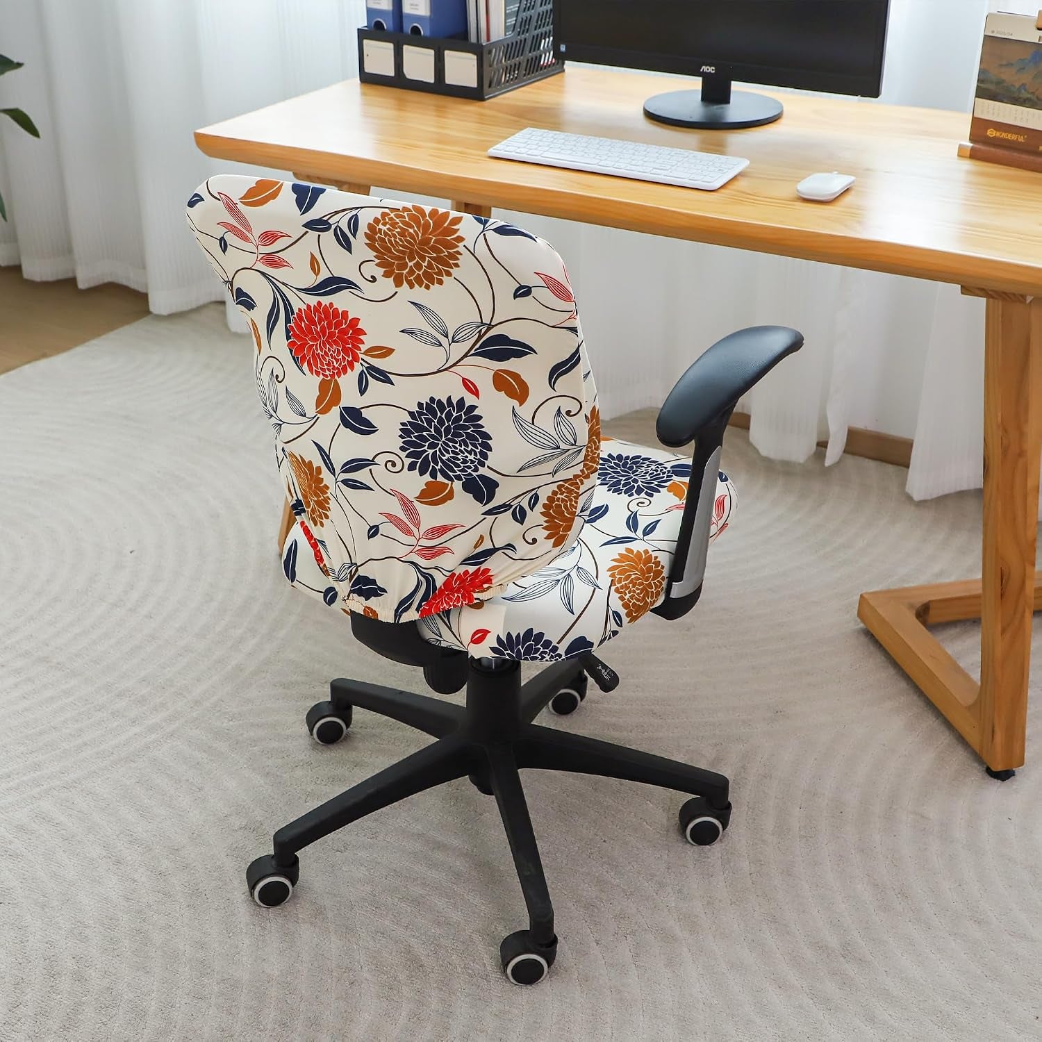 FORCHEER Floral Split Office Chair Covers Two Pieces Stretch Separated Desk Chair Slipcover Washable -Spring Floral
