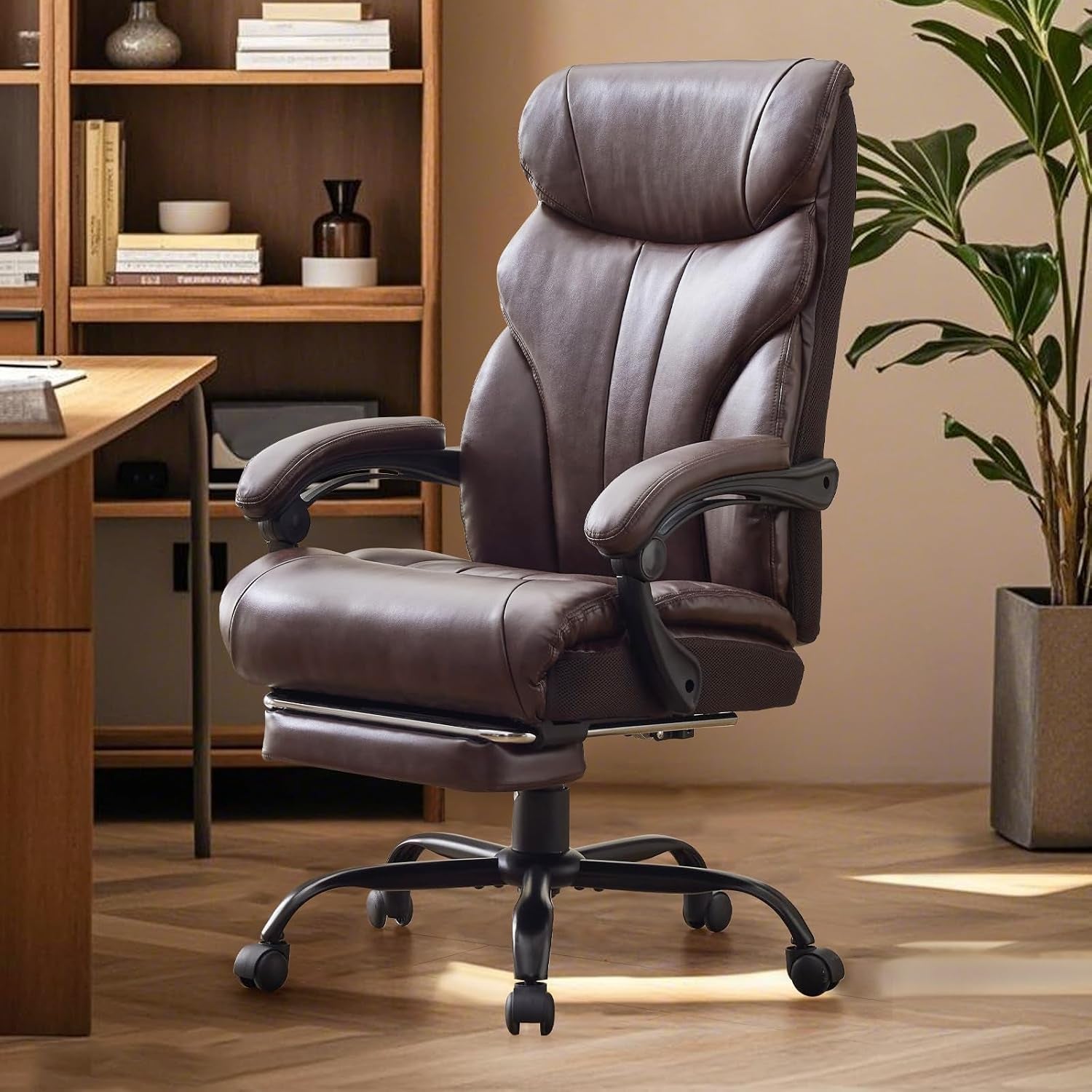 Big and Tall Office Chairs with Foot Rest,500Lbs Wide Ergonomic Gaming Chair,90-155°Recline Executive Leather Computer Chairs with Adjustable Height,Brown