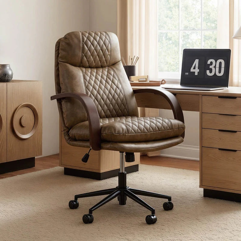 Upholstered Swivel Office Chair with Wood Arms