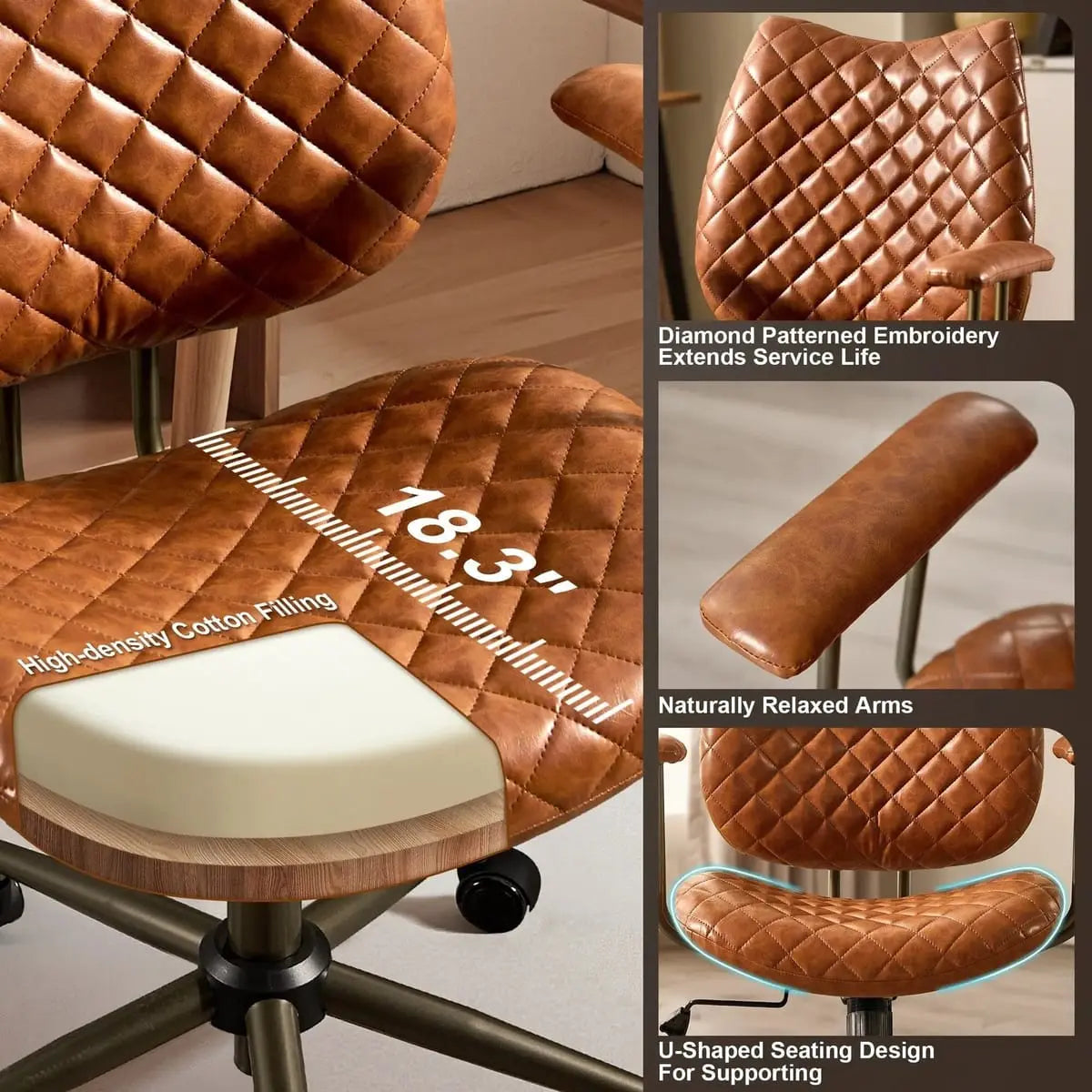HOOOWOOO Mid-Century Leather Ergonomic Adjustable Swivel Office Chair