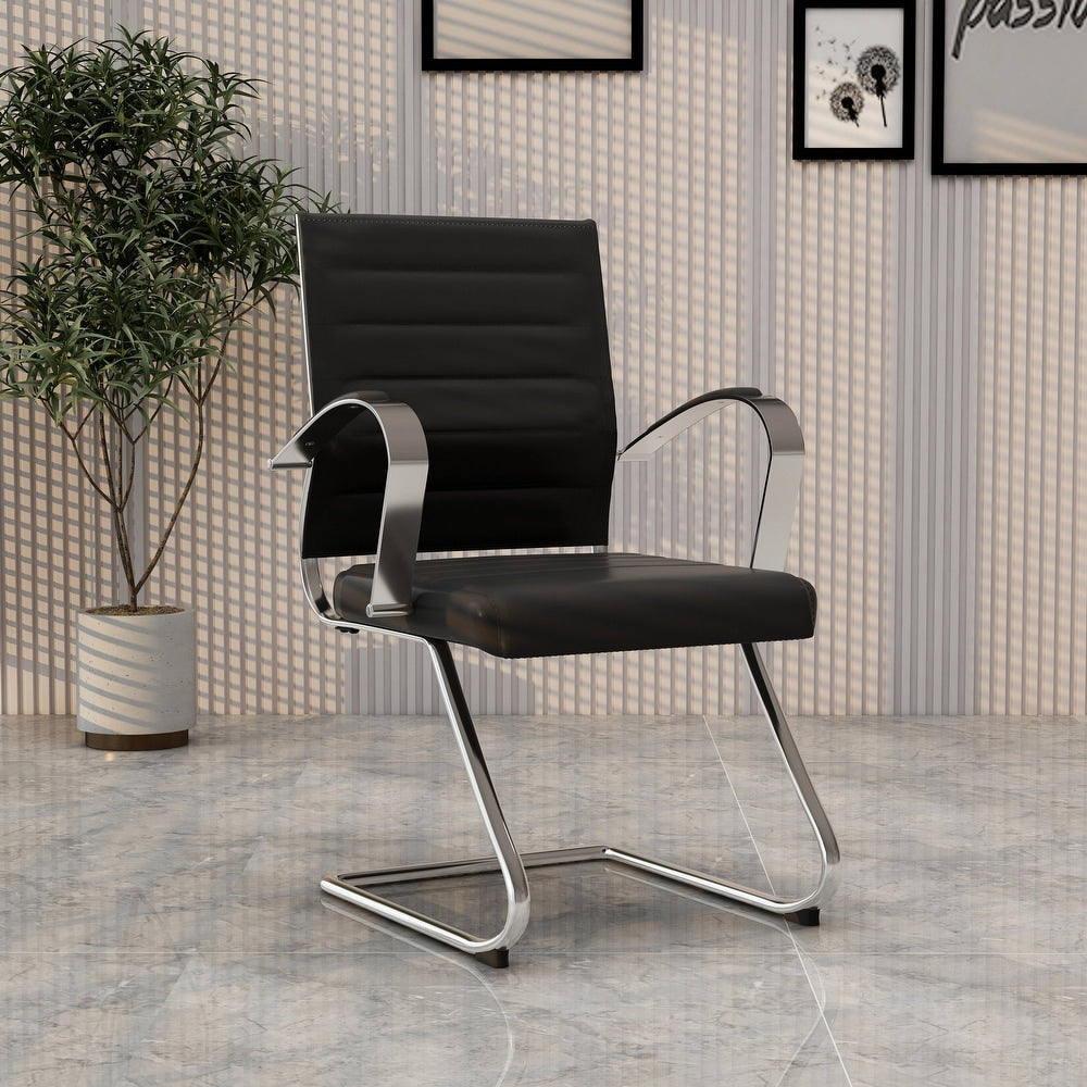24 PCS Benmar Leather Upholstered Computer Office Chair with Sled Base, Padded Armrests for Home or Office - Black