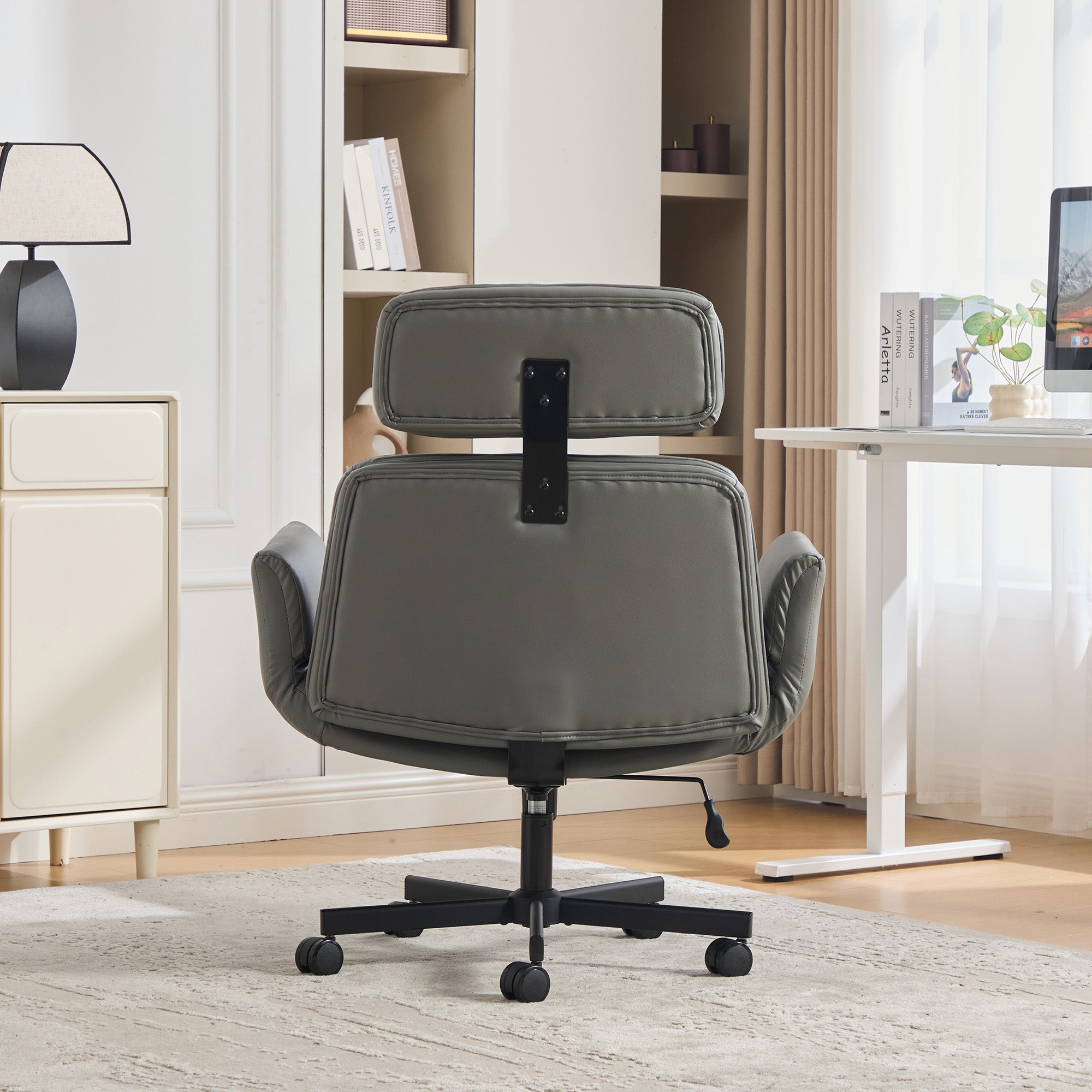 Grey PU Leather Criss Cross Chair with Armrests and Headrest