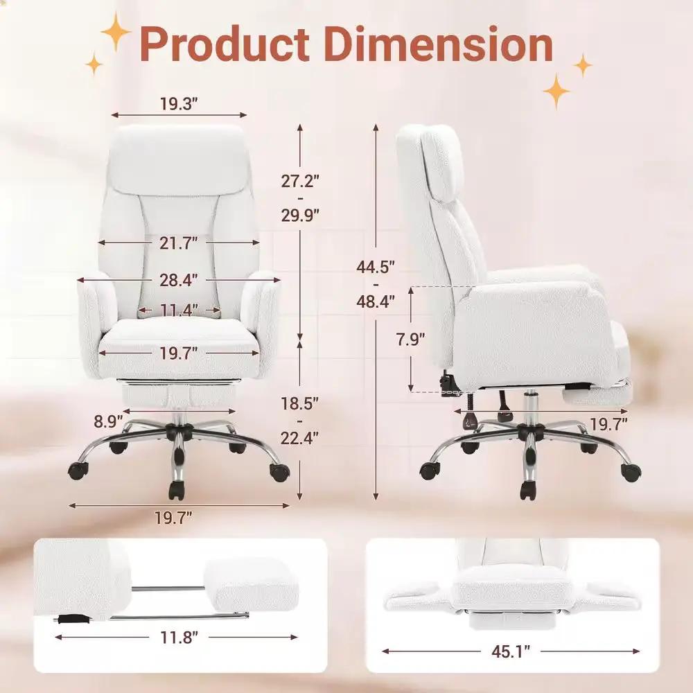 Big and Tall Teddy Fabric Footrest with Flip Armrests Office Chair in White, Cross Legged Computer Desk Chair