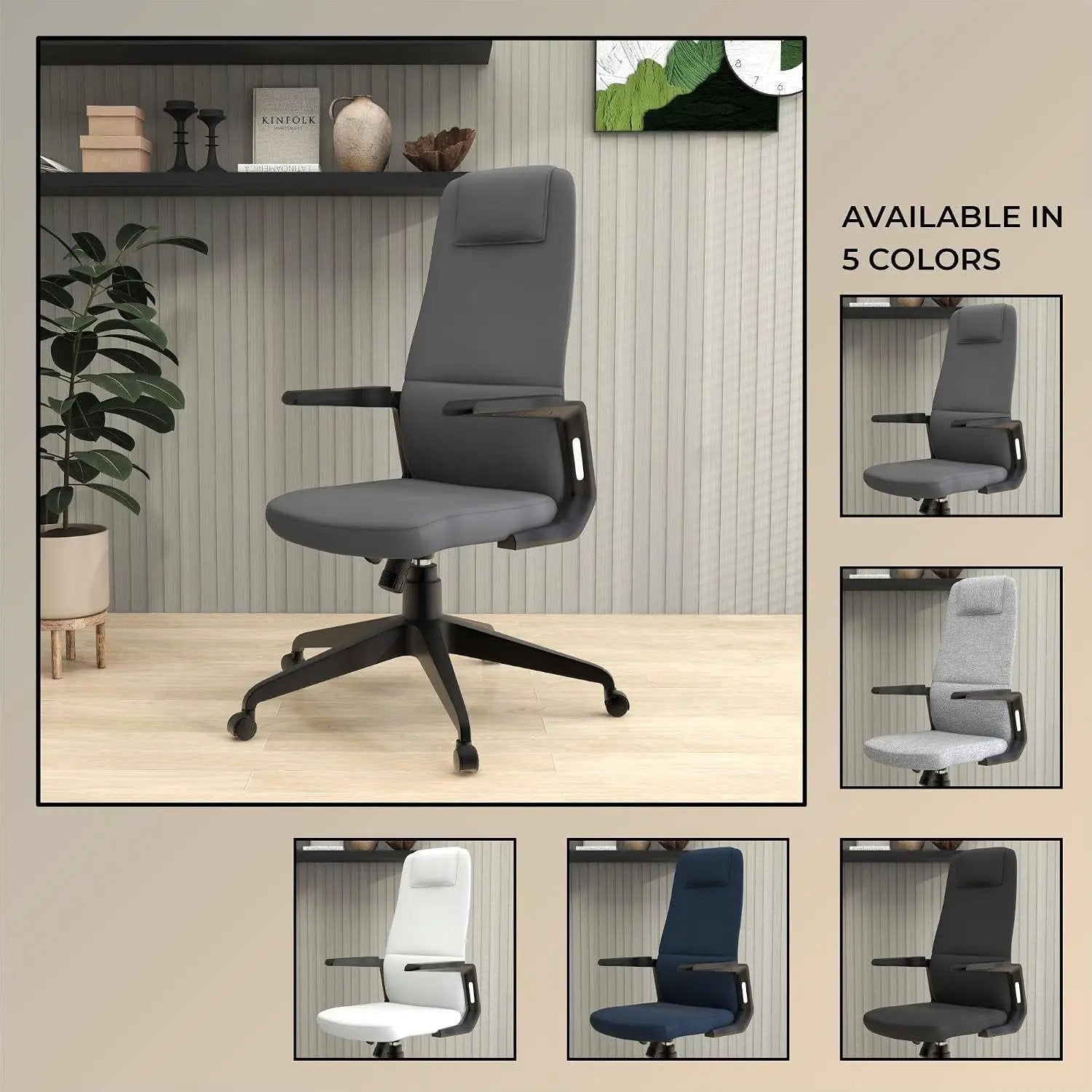 Leisuremod Ergonomic High-Back Leather Office Chair - Grey Swivel Desk Chair with Adjustable Height, Tilt, Padded Headrest & Double Wheel Casters, Comfortable for Home or Office
