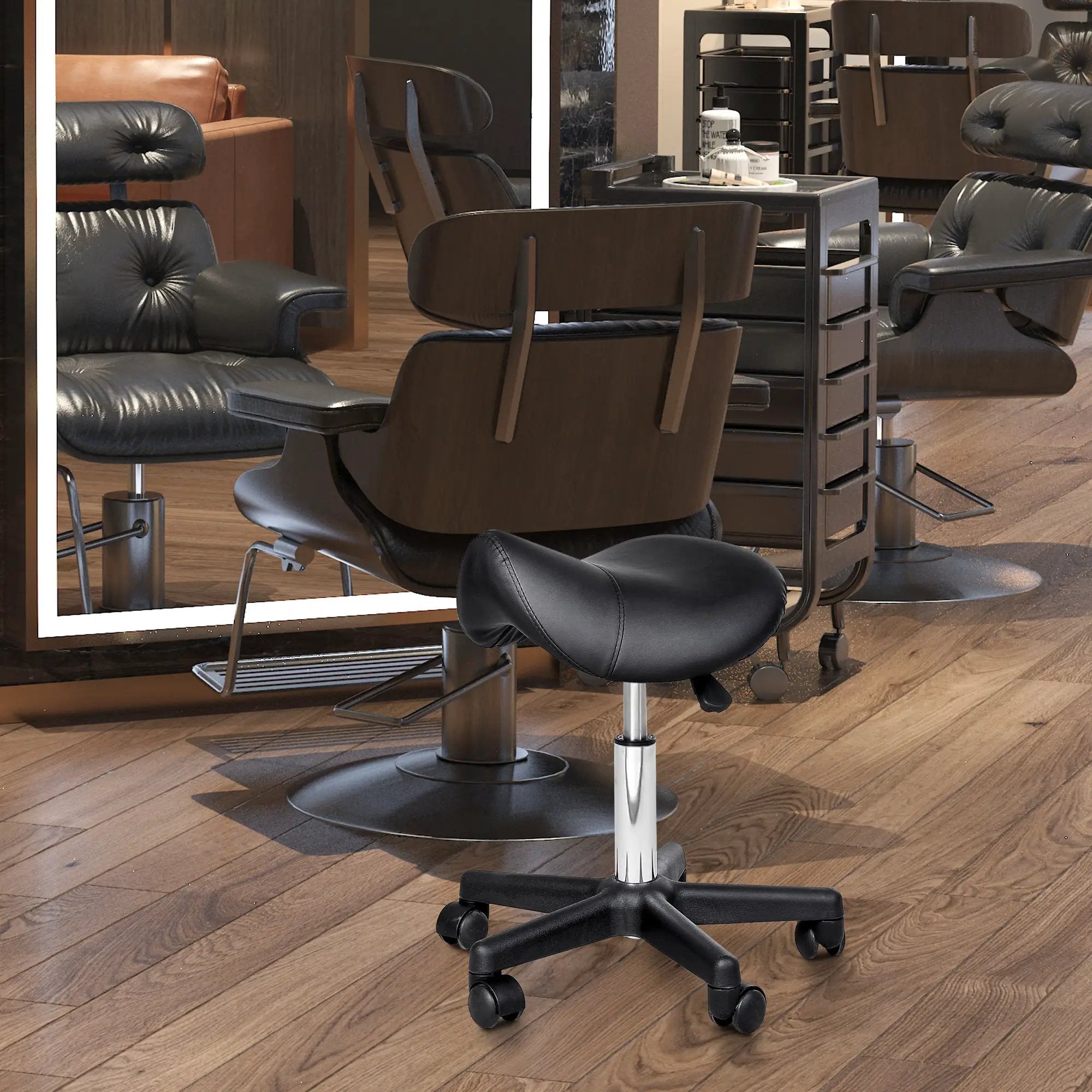 Rolling Saddle Stool, Swivel Salon Chair, Ergonomic Faux Leather Stool, Adjustable Height with Wheels for Spa, Salon, Massage, Office, Black by Platinum-Level Office Chairs