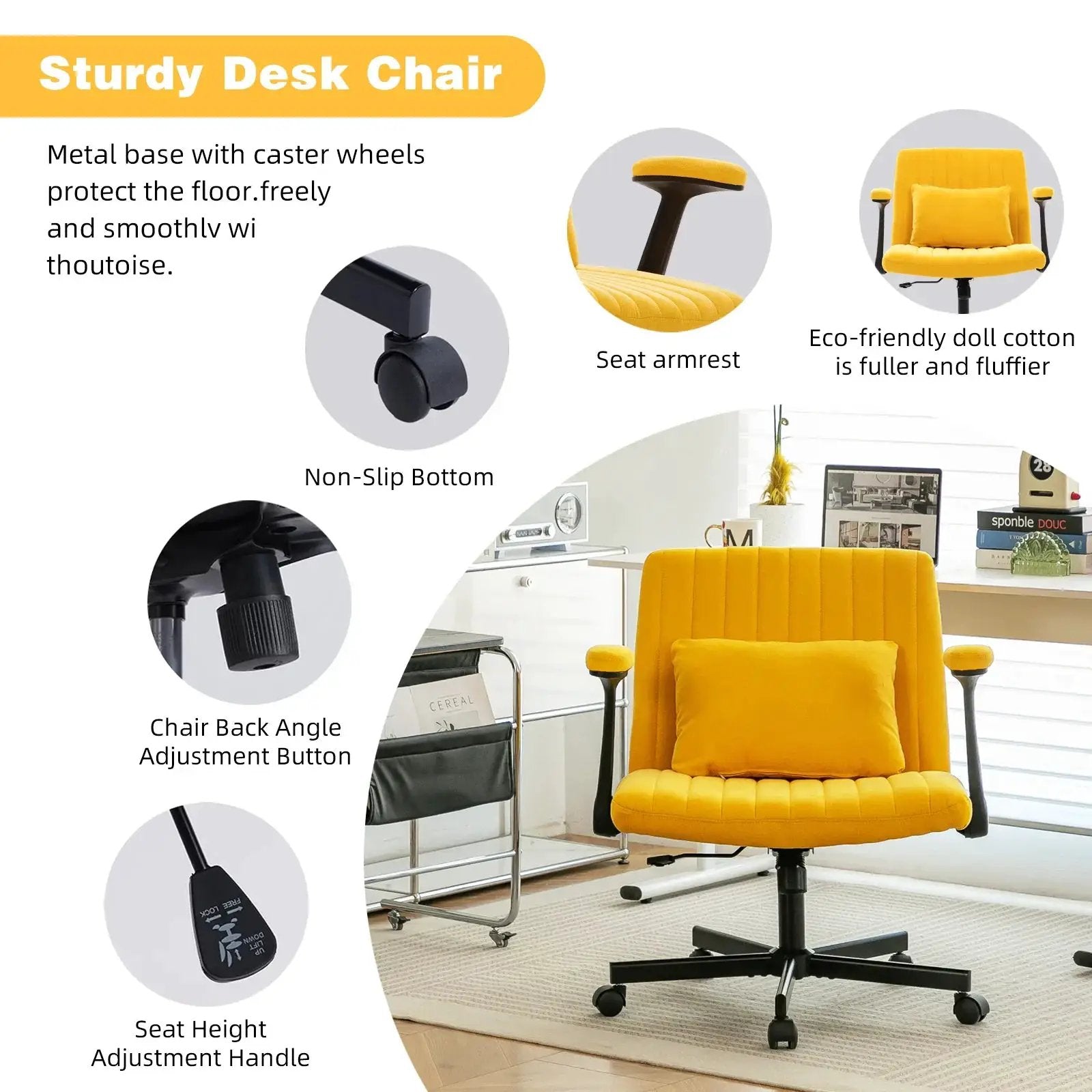 Yellow Linen Criss Cross Armrest Office Chair with Wheels - Ergonomic for Home Office, Work & Study by Platinum-Level Office Chairs