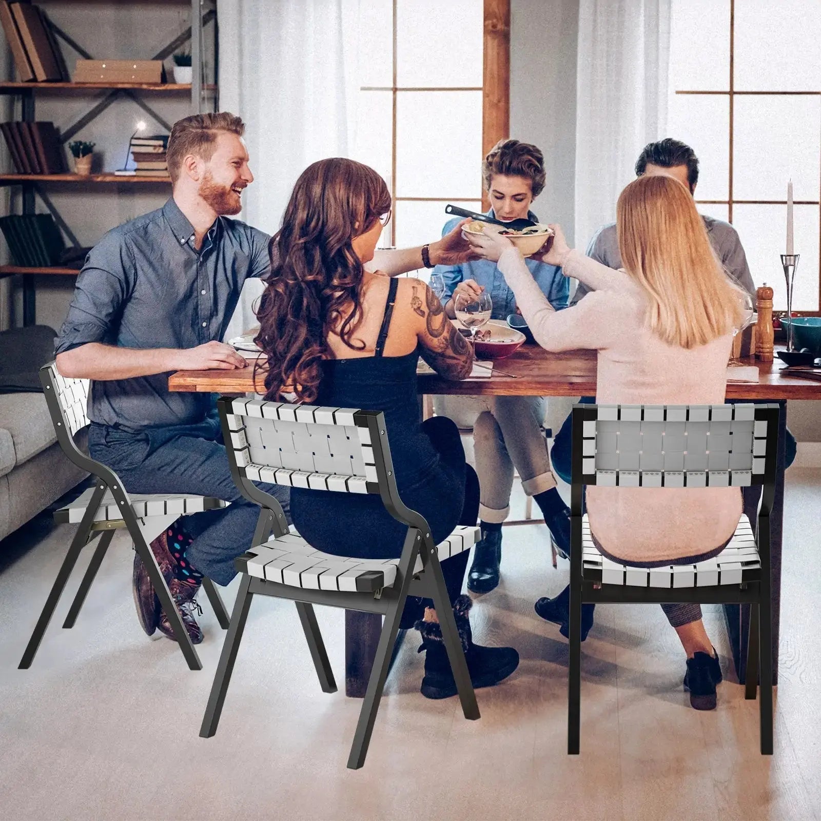 Black Wood Folding Chairs with Woven Seats - Set of 2 - Platinum-Level Office Chairs