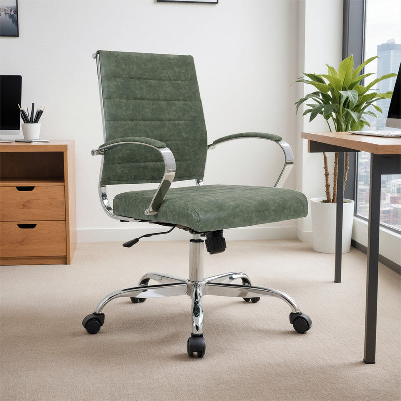 30 PCS Benmar Leather Office Desk Computer Chair with Ribbed Seat and Steel Frame - Green