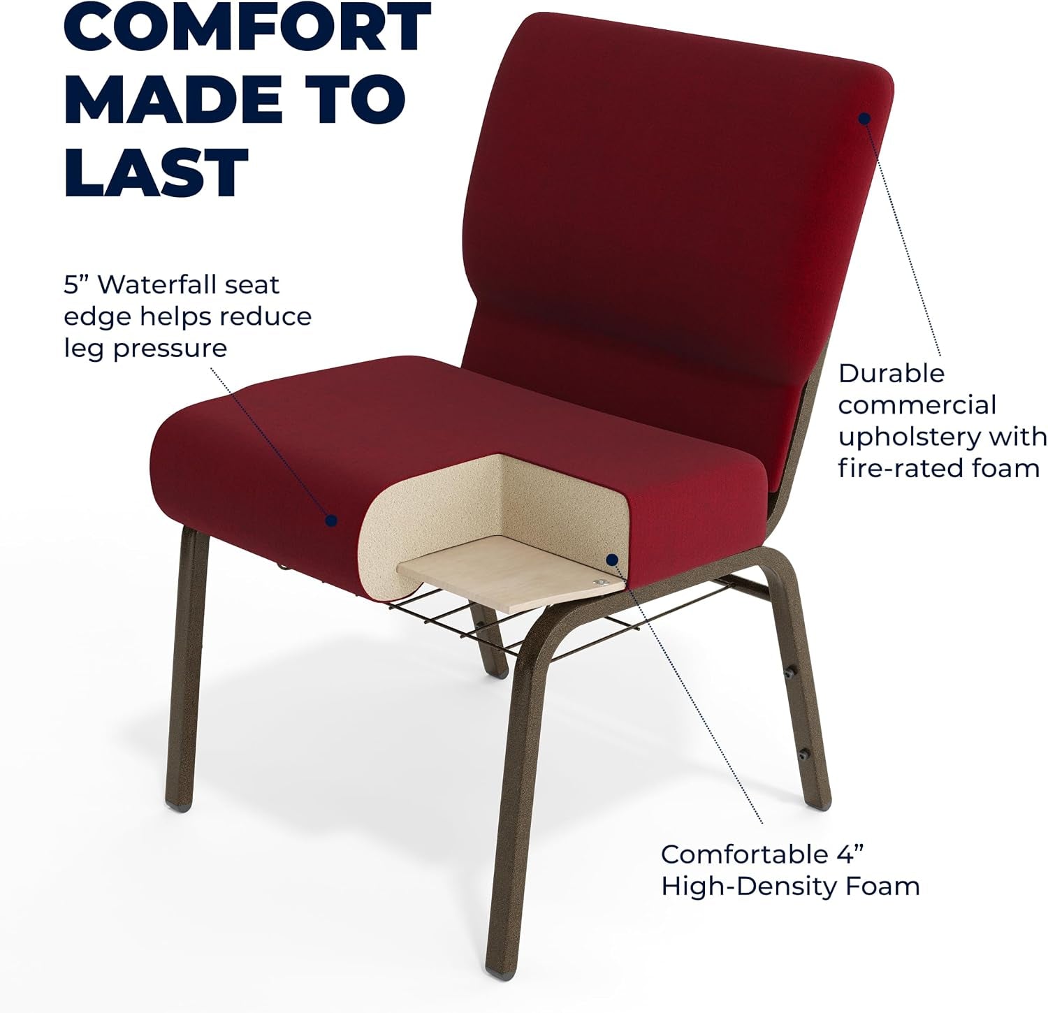 Flash Furniture 4 Pack HERCULES Series 21''W Church Chair in Burgundy Fabric with Cup Book Rack - Gold Vein Frame