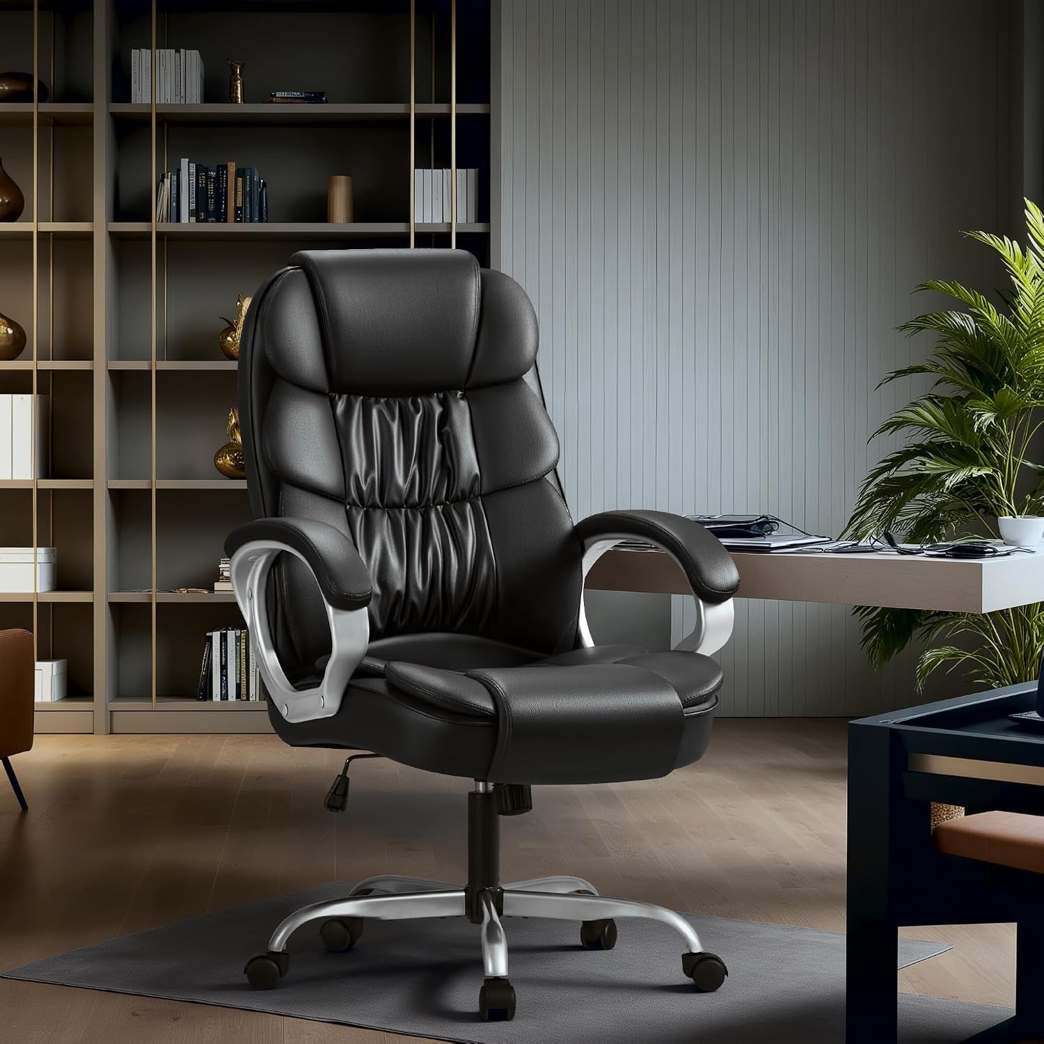 Homall Office Chair High Back Computer Desk Chair, PU Leather Adjustable Height Modern Executive Swivel Task Chair with Padded Armrests and Lumbar Support (Black)
