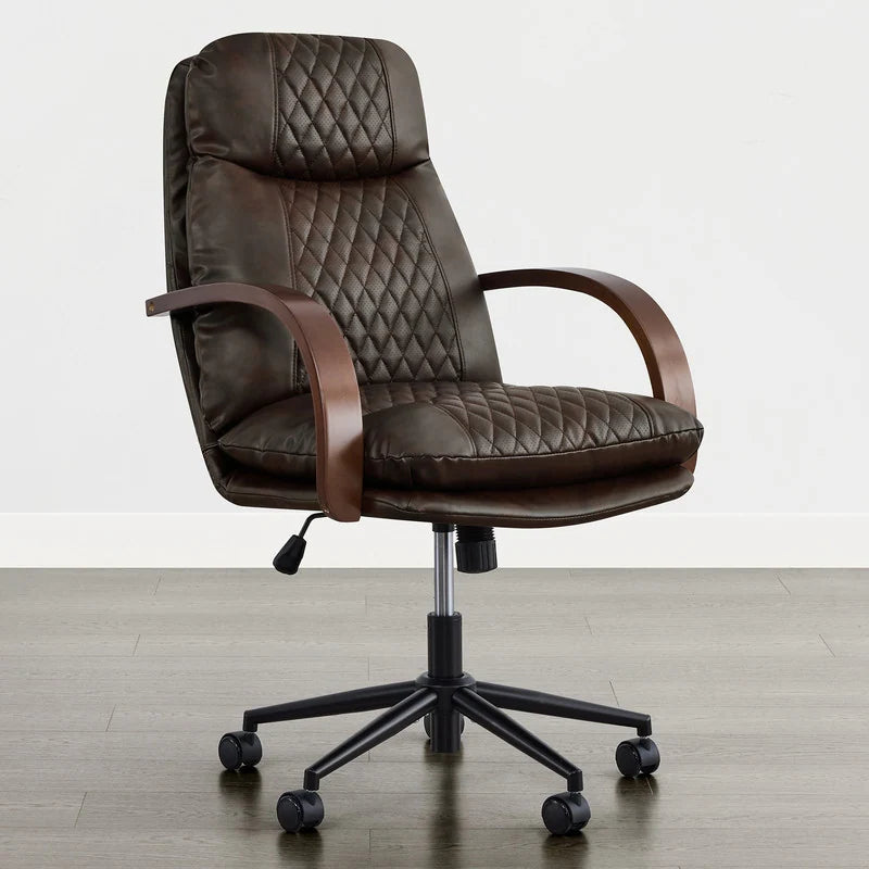 Upholstered Swivel Office Chair with Wood Arms