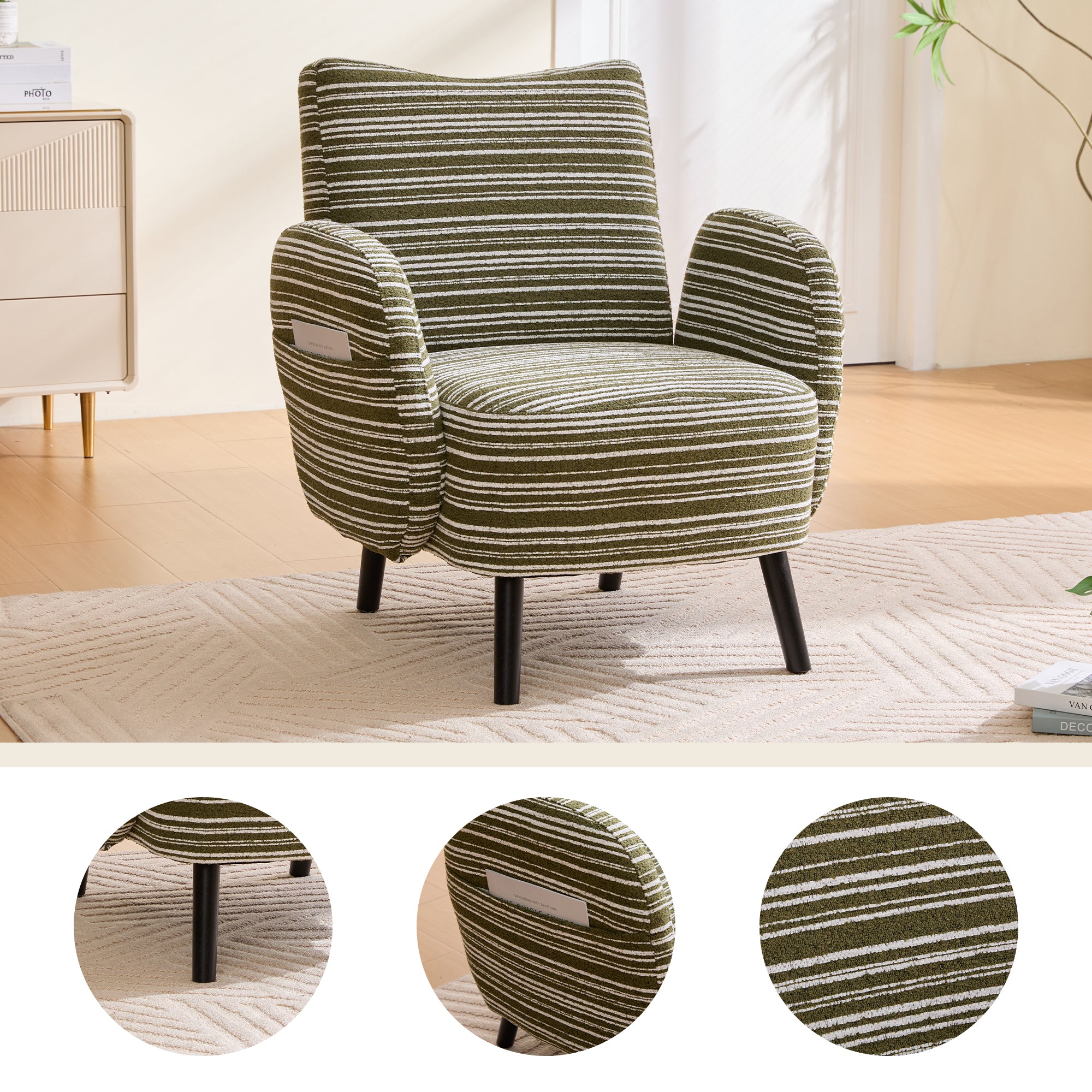 Olive Green Boucle Armchair With Modern Side Storage Pocket Cozy