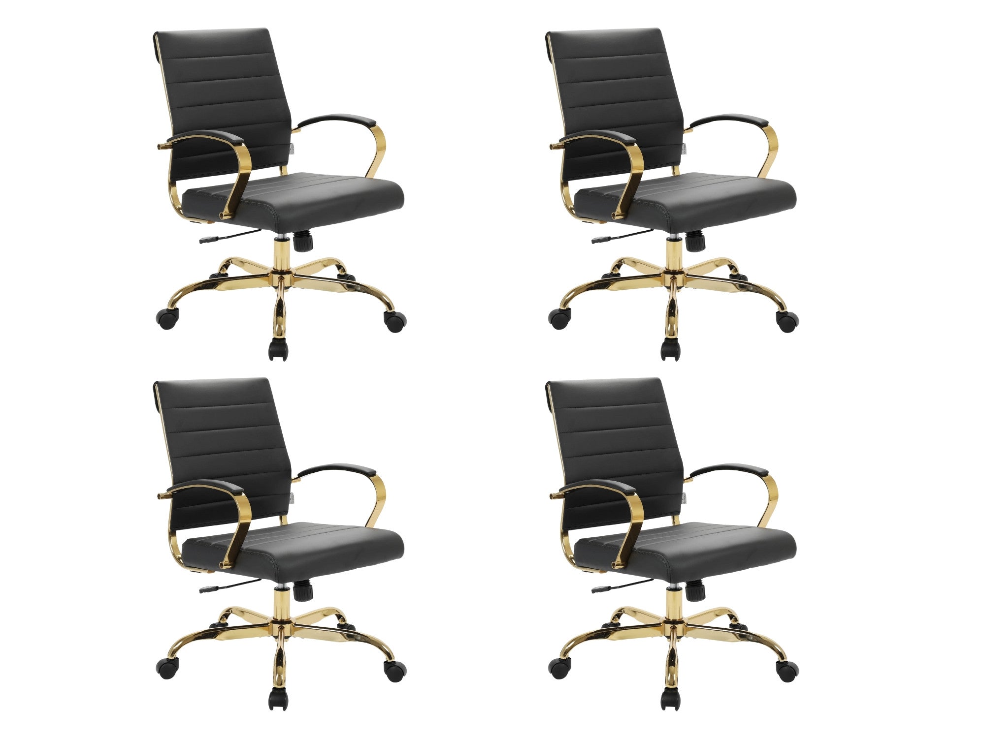 Benmar black leather swivel office chairs, gold frame, set of 4
