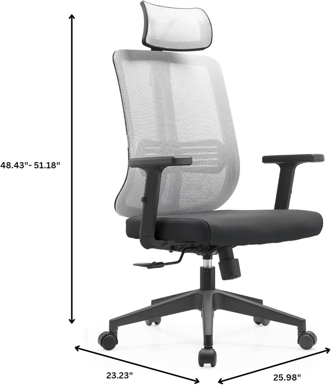 Leisuremod Office Chair, Adjustable Height Arm & Headrest, Upholstered Black Cotton Fabric Foam Filled Seat with White Mesh High Back, Modern Ergonomic Chair, 360 Degree Swivel & Tilt, Nift Series