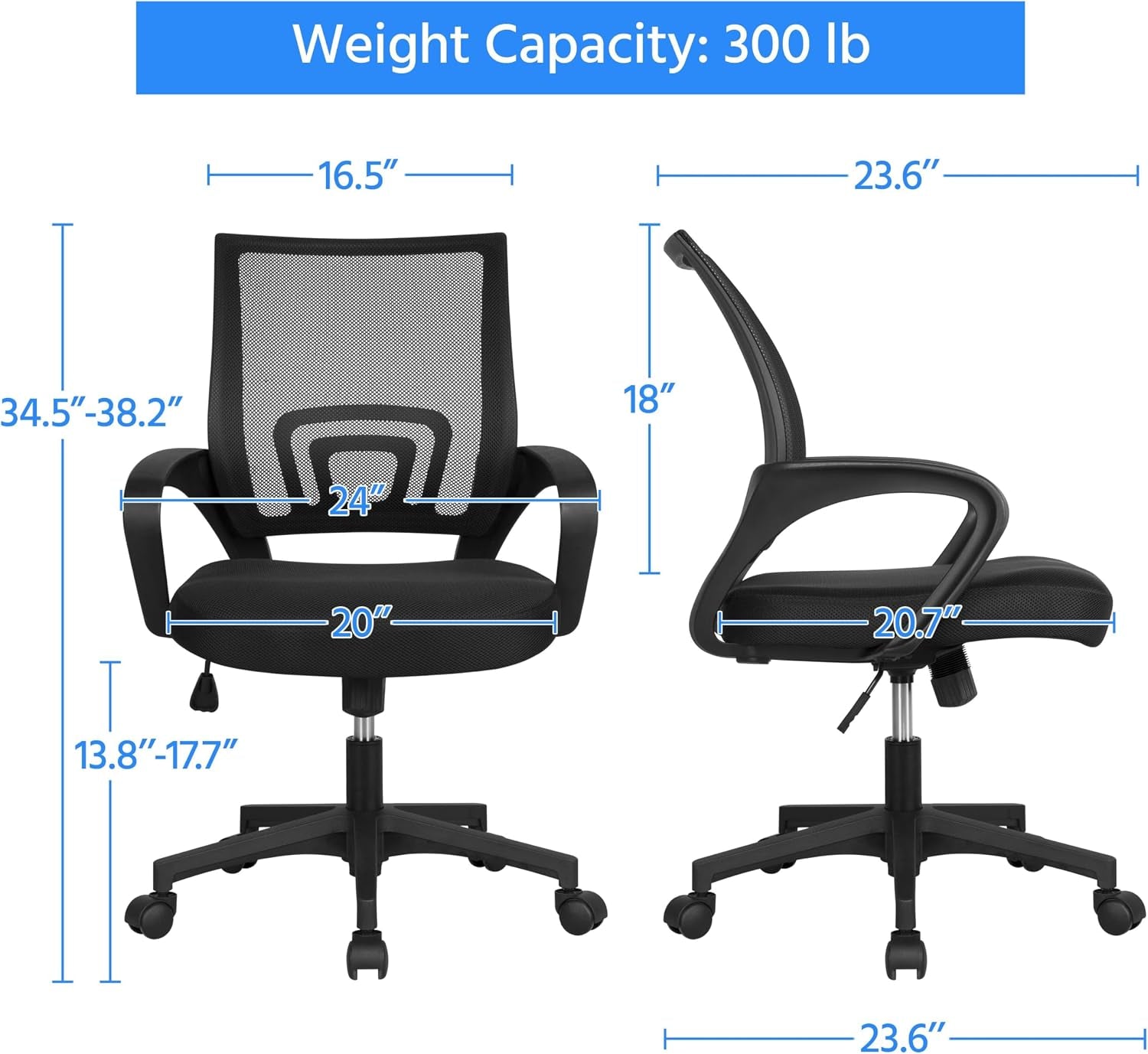 Yaheetech Mid Back Mesh Computer Office Desk Chair Adjustable Swivel, Black | Breathable Mesh Back and Foam Padded Seat for Comfortable Work at Home or Office; Steel Frame Holds 300 Lb, Easy Assembly.