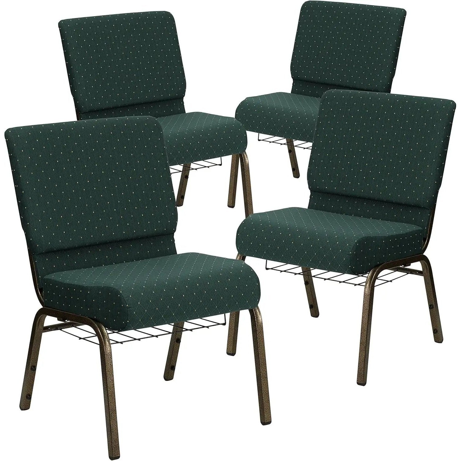 Flash Furniture 4 Pack HERCULES Series 21''W Church Chair in Hunter Green Dot Patterned Fabric with Book Rack - Gold Vein Frame by 5 years limited.