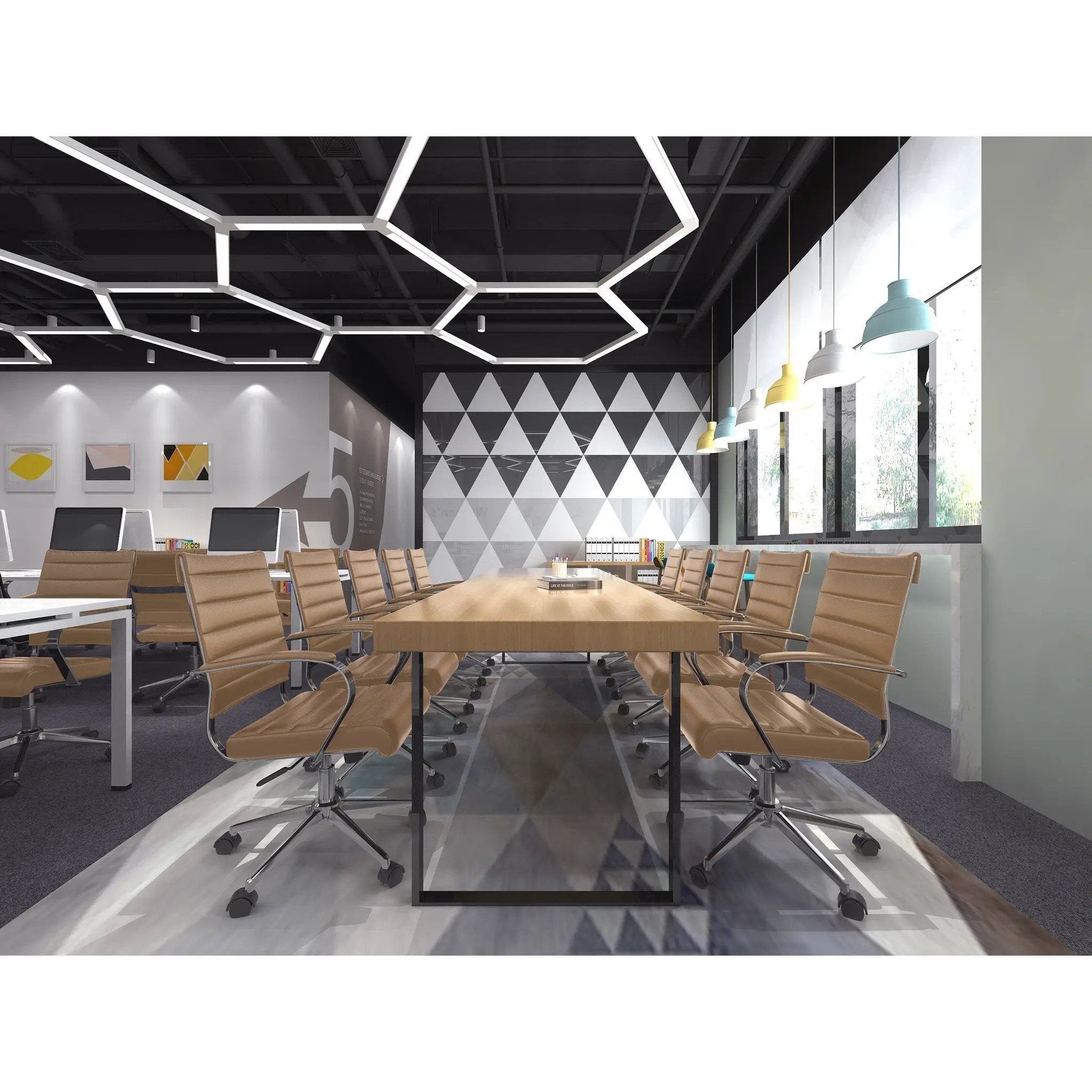 Black Office Chairs Mid Back Ribbed PU Leather Executive Task Work Conference with Arms Wheels Tilt Swivel Rolling