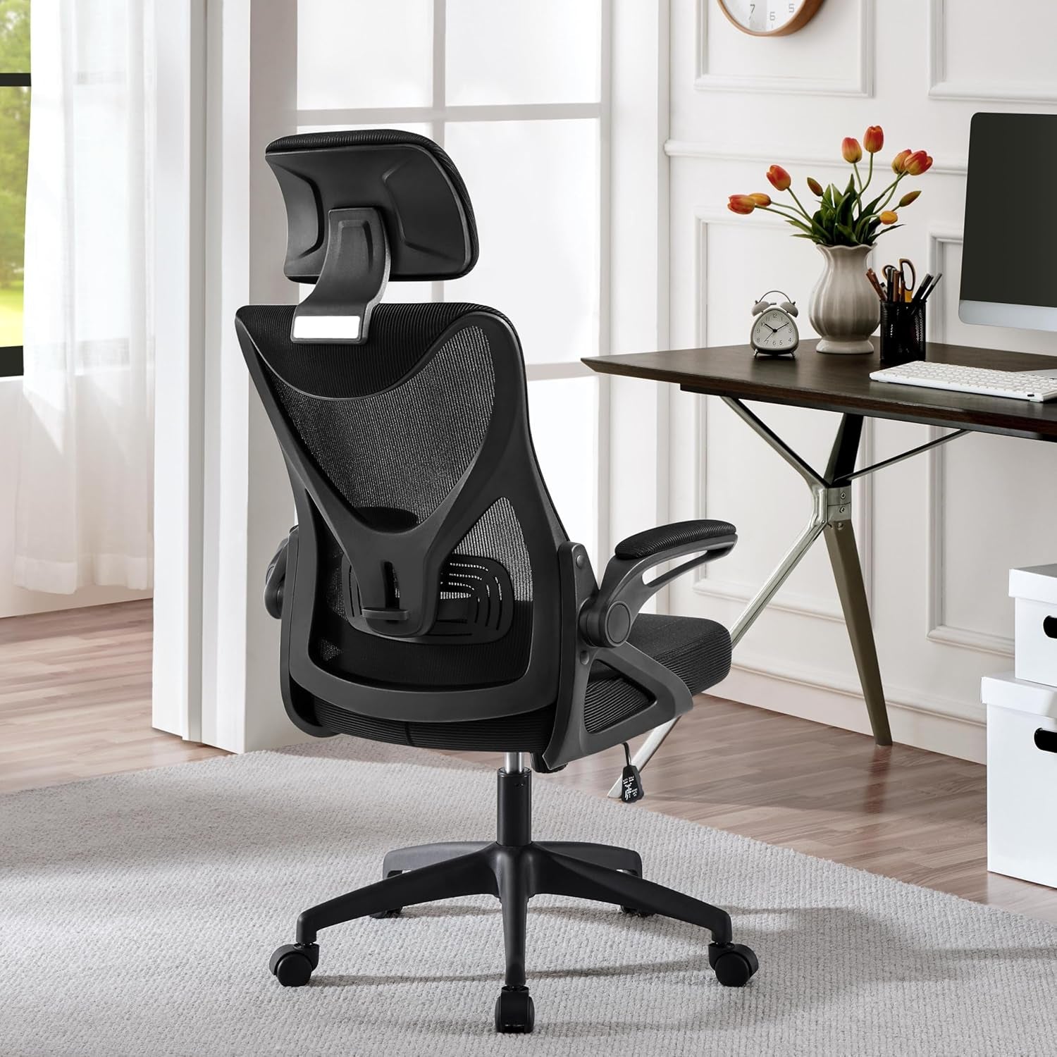 Yaheetech Ergonomic Office Chair with Headrest, Lumbar Support, Black | Breathable Mesh High-Back Adjustable Headrest, Padded Seat, and Flip-Up Armrests Supports Your Back and Neck, Holds 300Lb