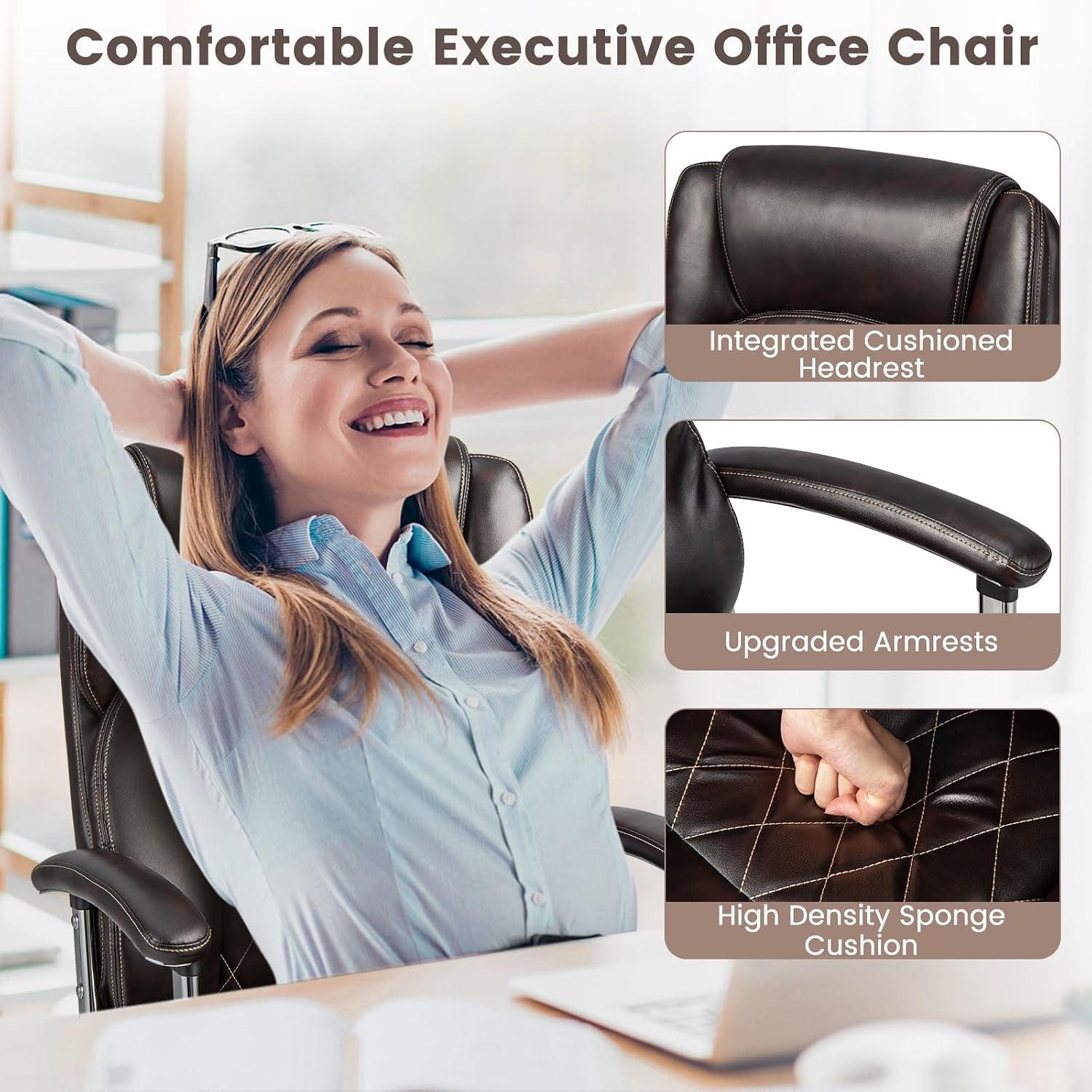 POWERSTONE Big and Tall Office Chair - 500LBS High Back Executive Desk Chair Adjustable Leather Computer Chair Home Office Extra Wide Swivel Task Chair for Heavy People Adults Brown