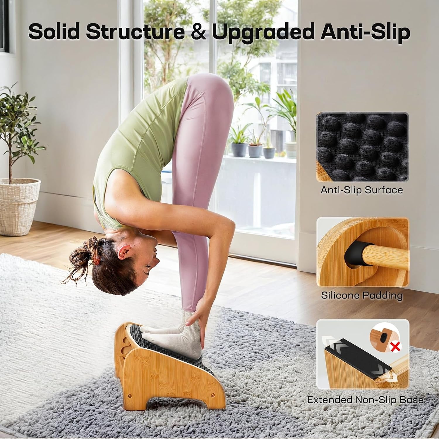 HUANUO Bamboo under Desk Footrest with 4 Heights and Massage Texture | Adjustable Angles, Non-Slip Pads, Triangular Bamboo Frame, Ergonomic Foot Rest for Home Office, Water-Resistant Surface
