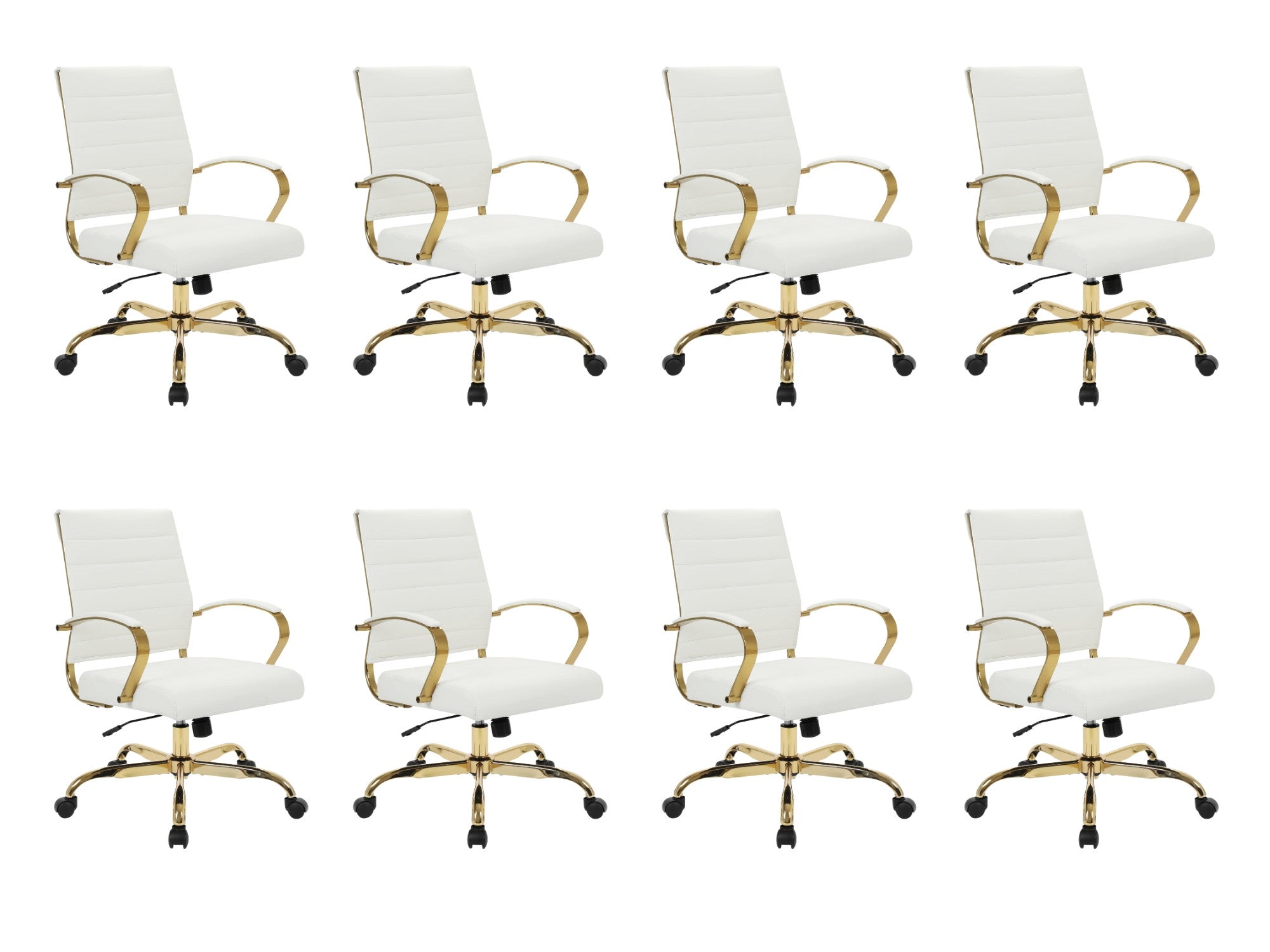 Benmar white ergonomic leather office chairs, gold frame, set of 8