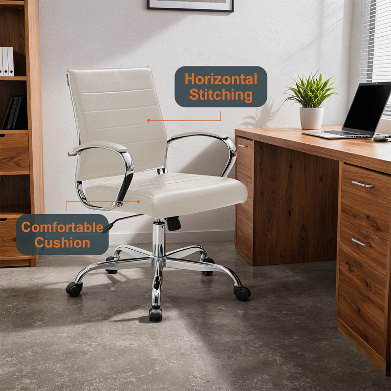 30 PCS Benmar Leather Office Desk Computer Chair with Ribbed Seat and Steel Frame - Tan