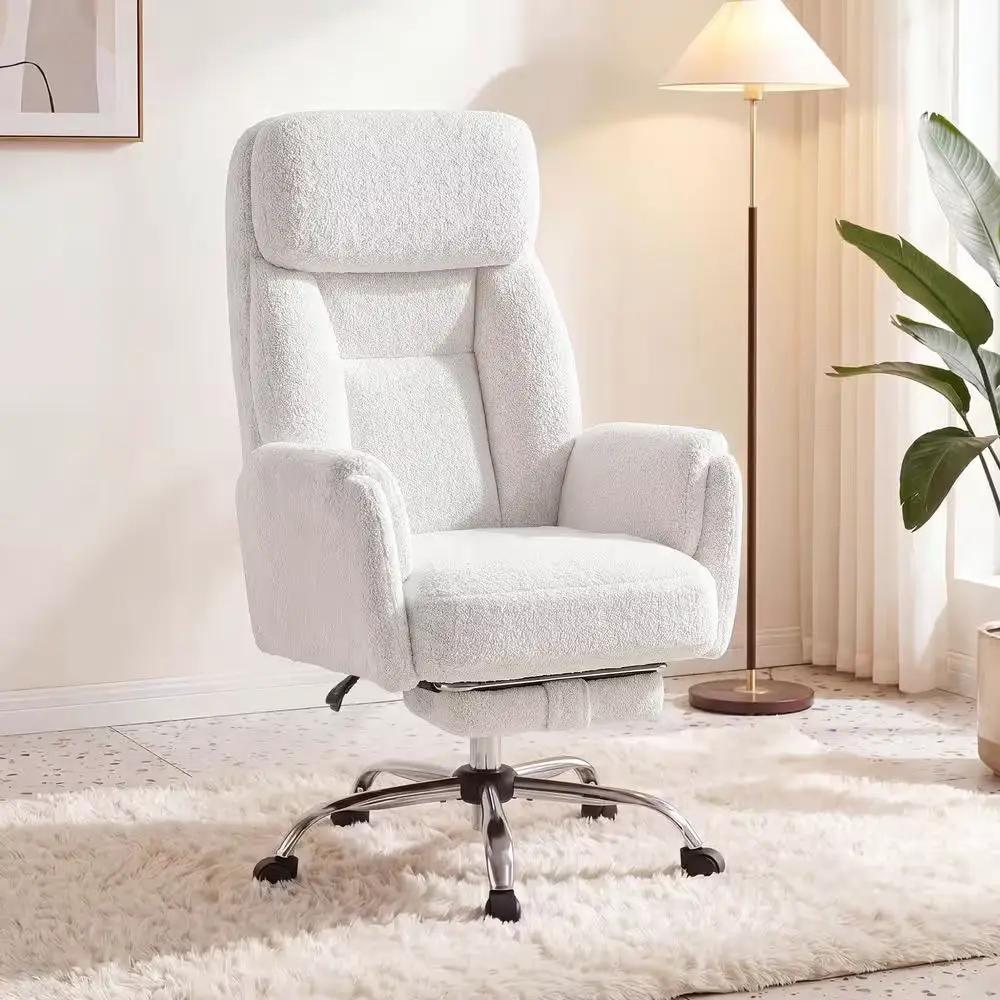 Big and Tall Teddy Fabric Footrest with Flip Armrests Office Chair in White, Cross Legged Computer Desk Chair