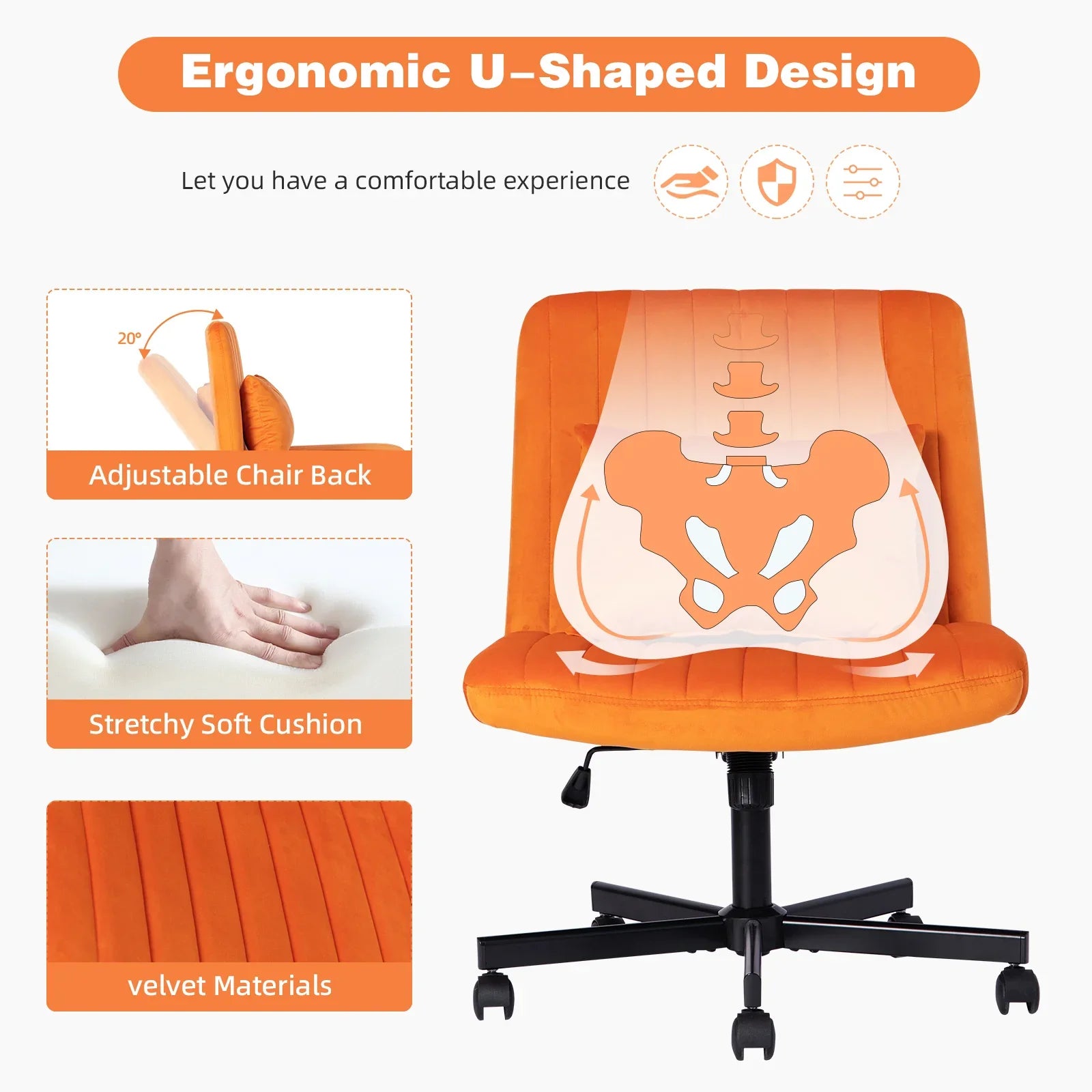 Orange Velvet Criss Cross Armless Office Chair With Wheels