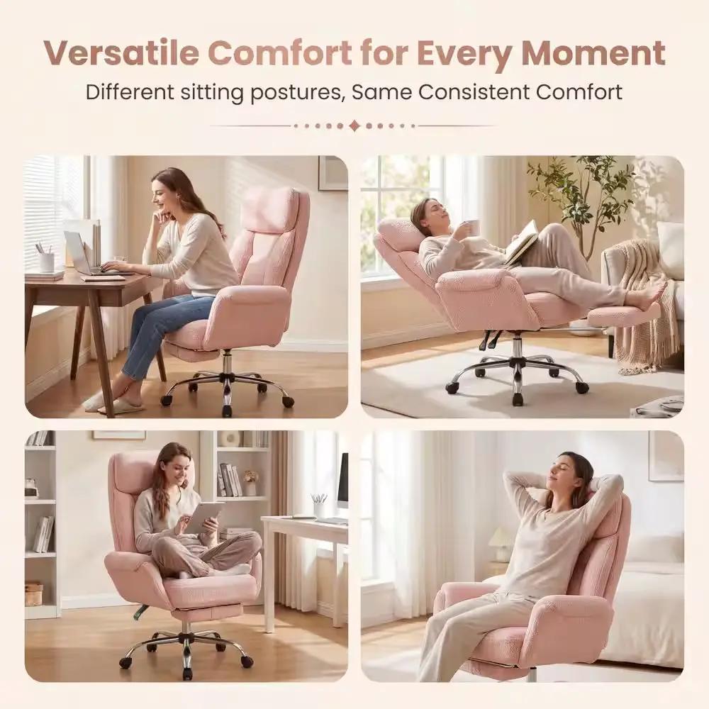 Big and Tall Teddy Fabric Footrest with Flip Armrests Office Chair in Pink, Cross Legged Computer Desk Chair