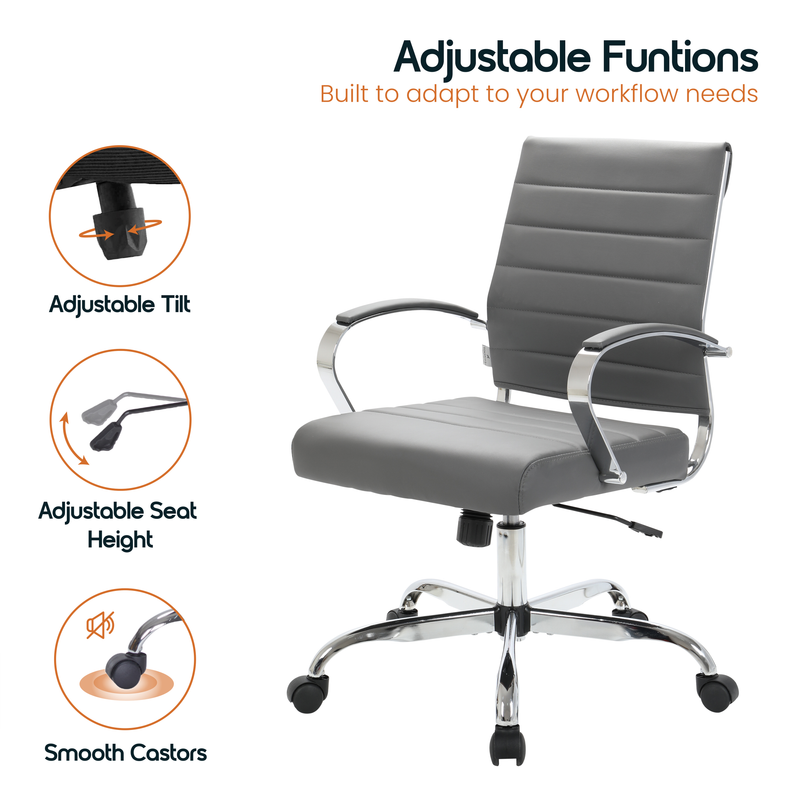 30 PCS Benmar Leather Office Desk Computer Chair with Ribbed Seat and Steel Frame - Grey