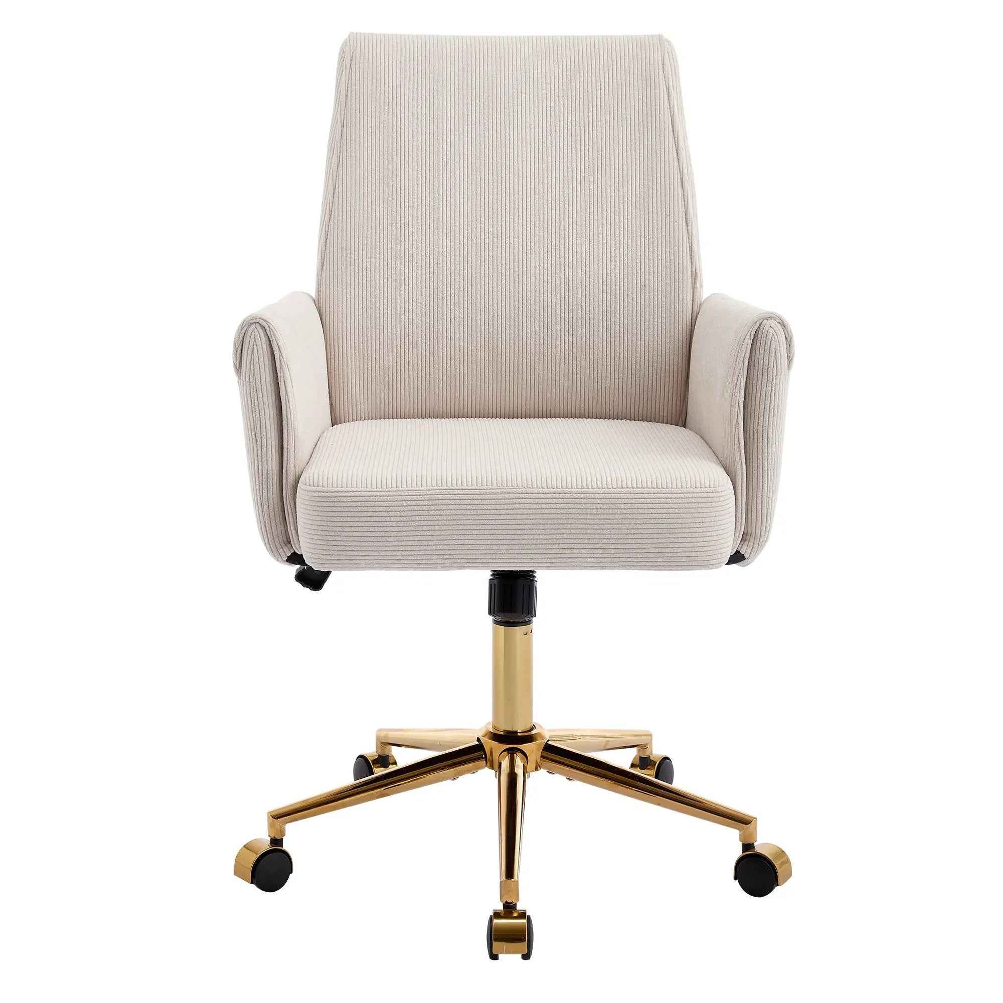 White Corduroy Office Chair Gold Base Ergonomic Design
