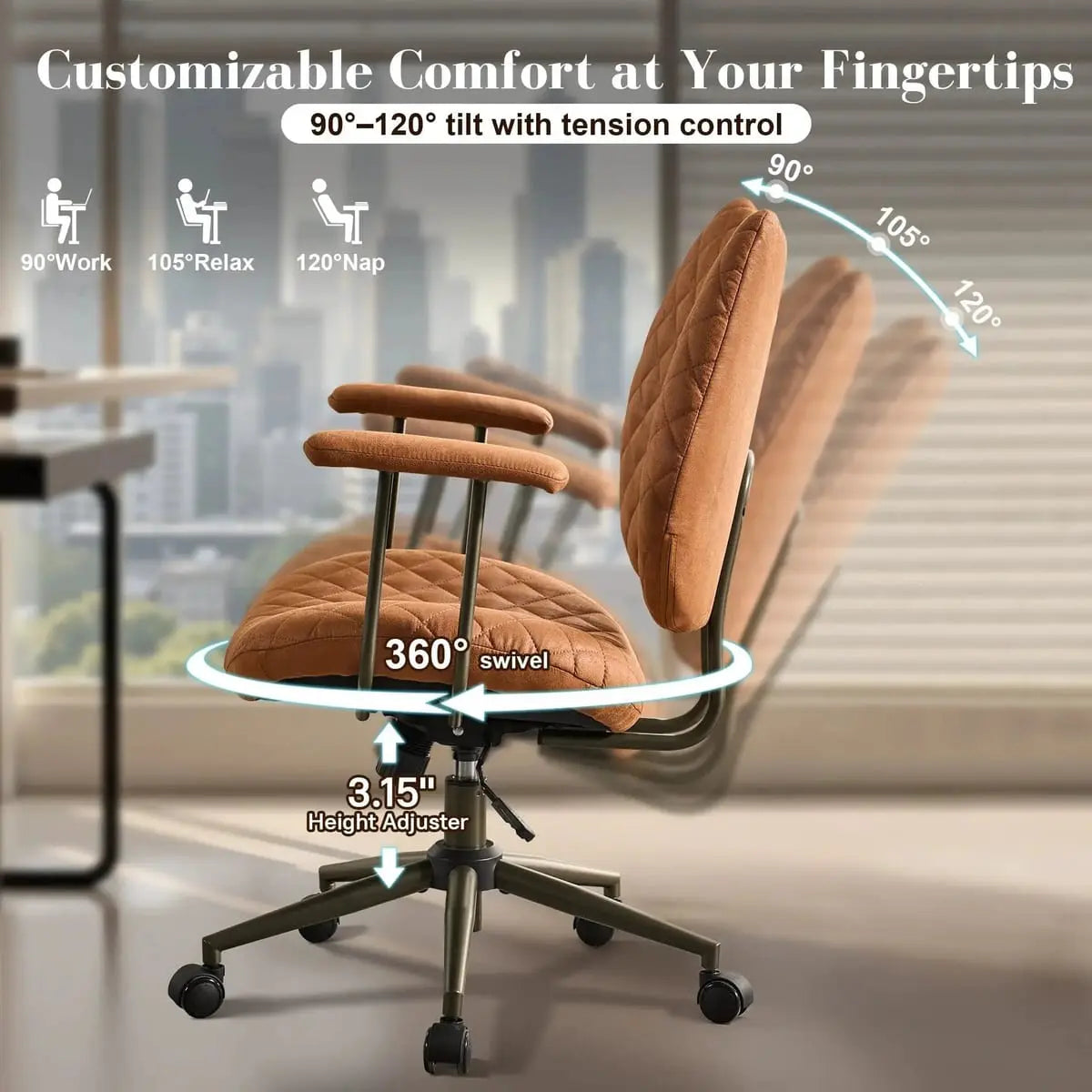 HOOOWOOO Mid-Century Leather Ergonomic Adjustable Swivel Office Chair