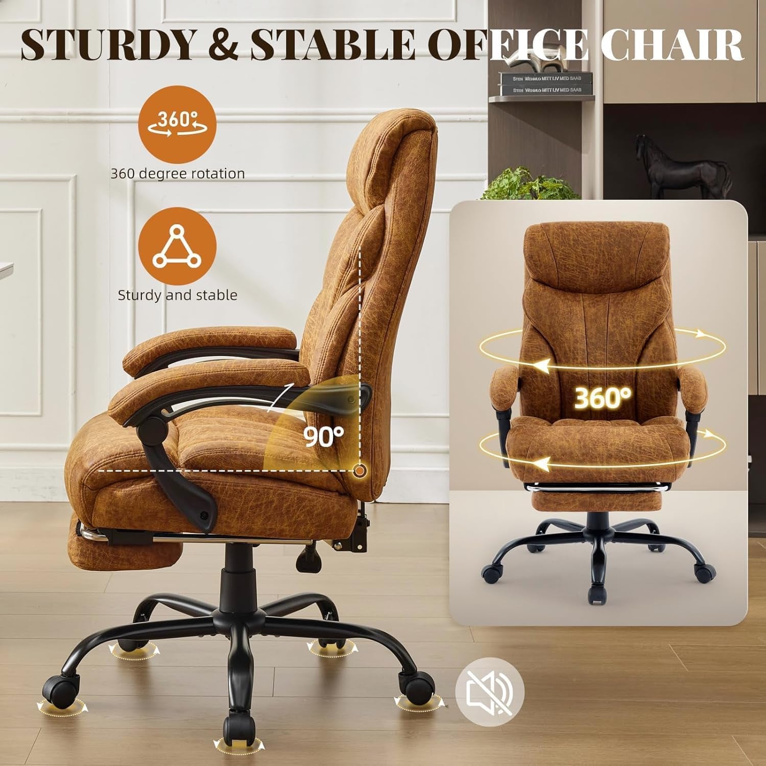 Big and Tall Office Chairs with Foot Rest,500Lbs Wide Ergonomic Gaming Chair,90-155°Recline Executive Leather Computer Chairs with Adjustable Height,Brown