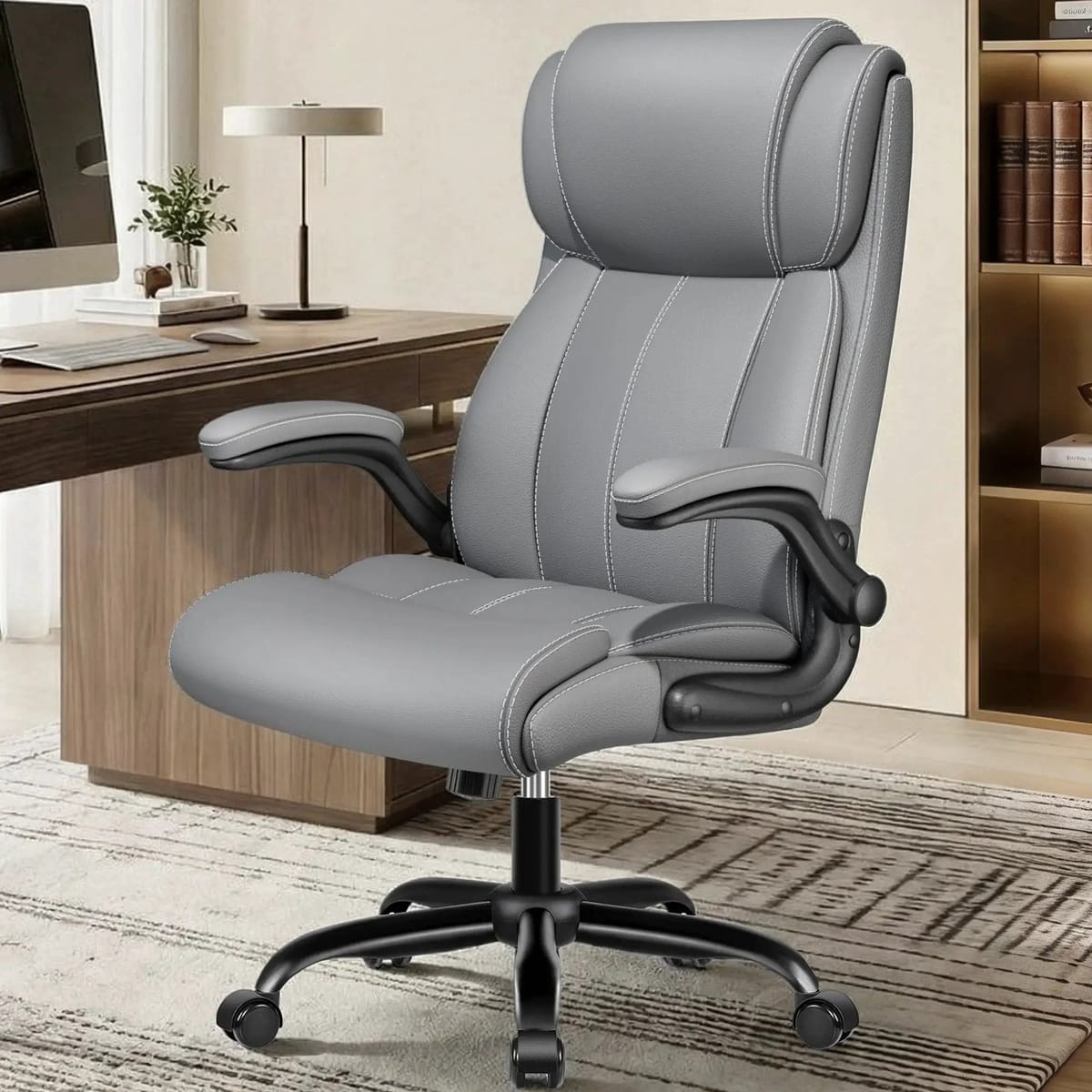 Coolhut big and tall office chair with adjustable lumbar support, high back, padded flip-up arms, light gray, heavy-duty design.