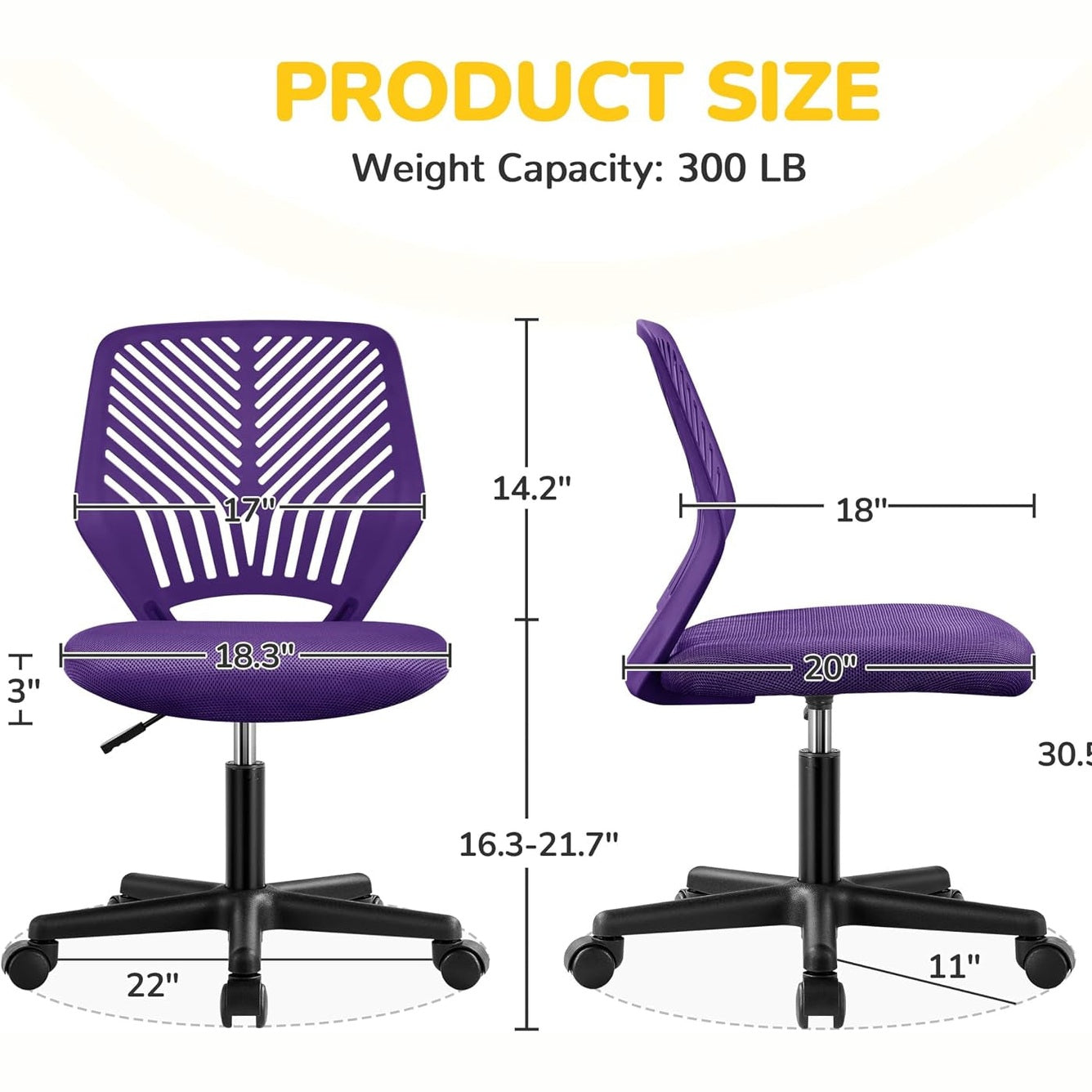 Yaheetech Student Desk Chair, Low-Back Armless Study Chair with Lumbar Support, Adjustable Swivel Office Chair for Home Bedroom School, Purple