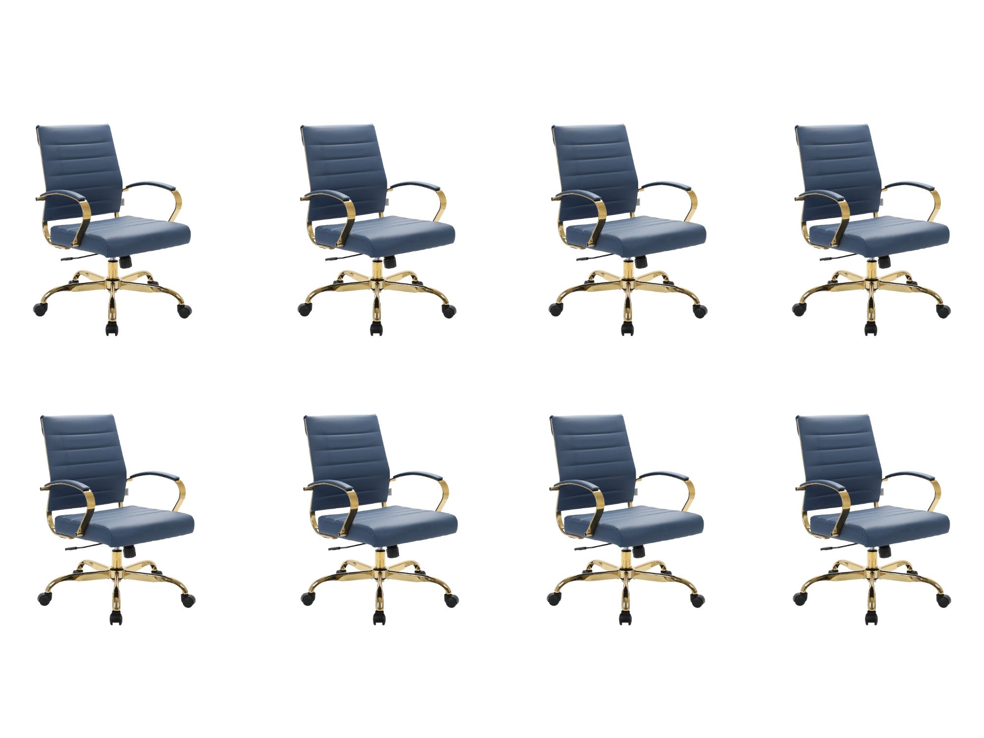 Navy blue ribbed leather office chairs, gold frame, set of 8