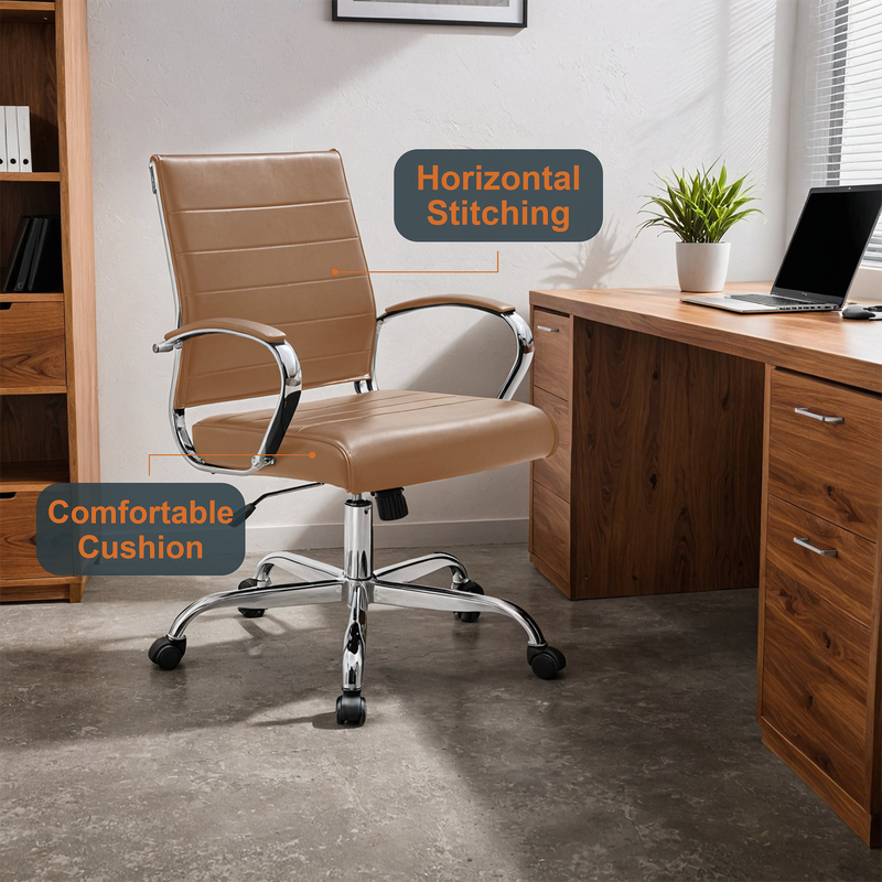 30 PCS Benmar Leather Office Desk Computer Chair with Ribbed Seat and Steel Frame - Brown