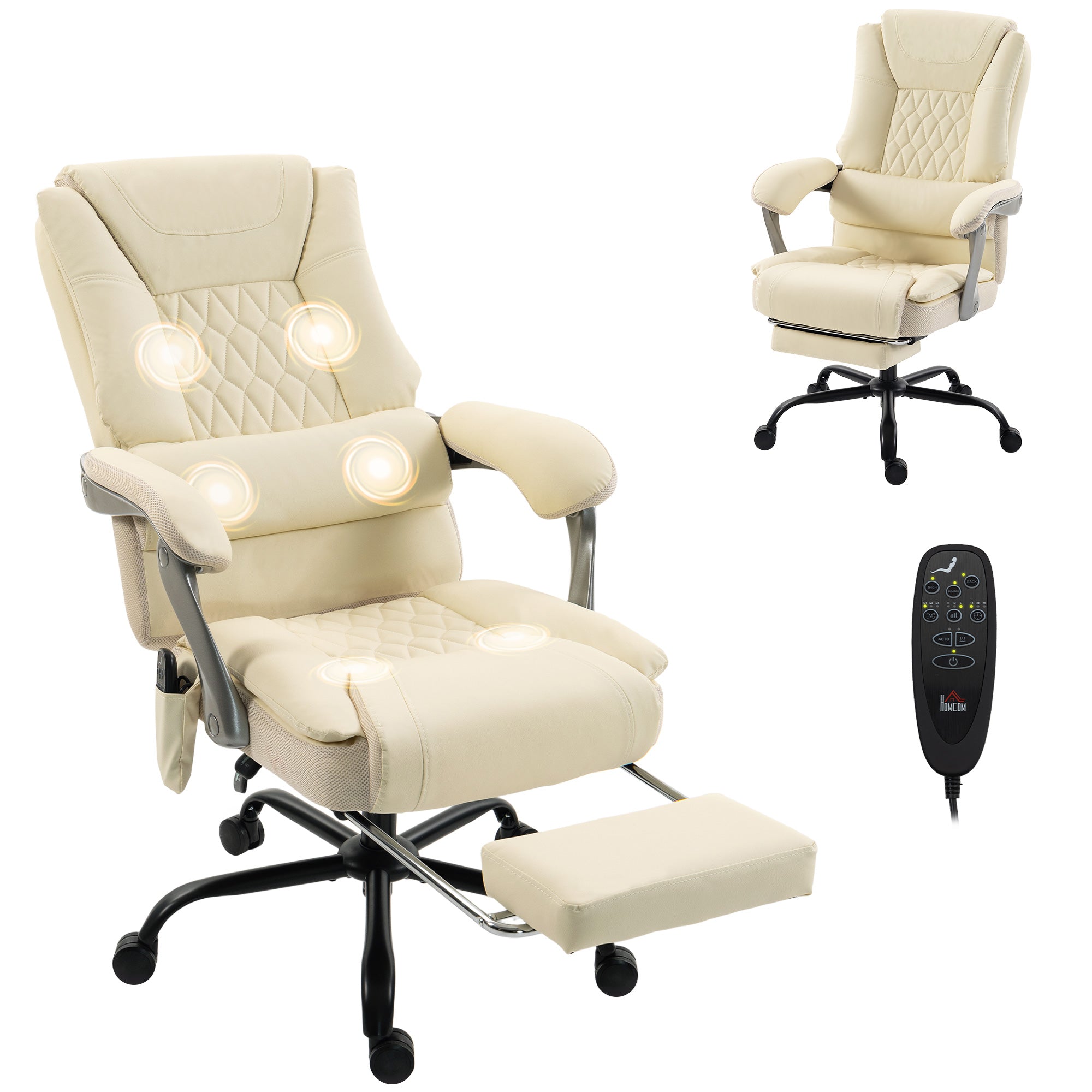 Beige diamond-quilted PU leather reclining massage office chair with heat therapy and footrest