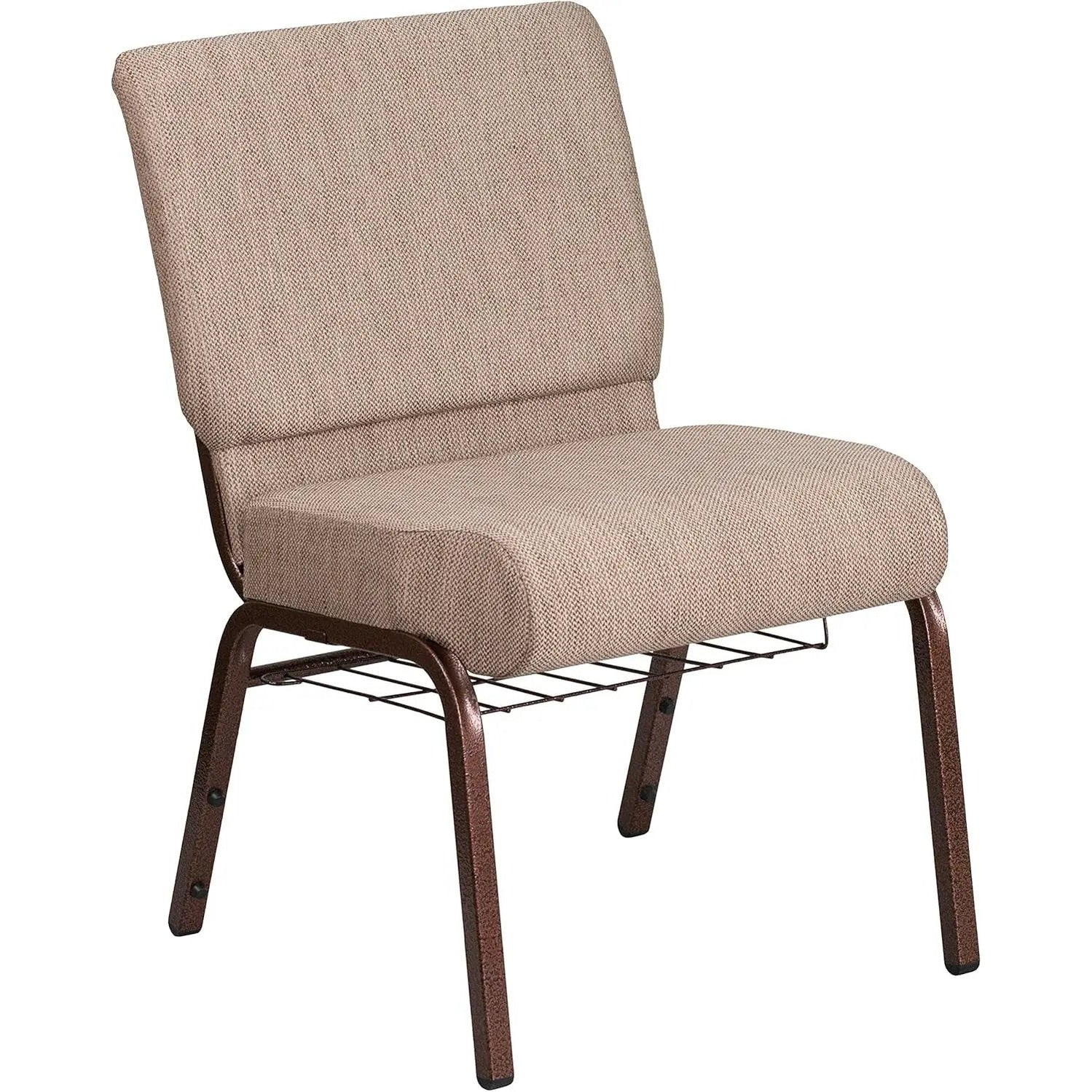 Beige church chair with built-in book rack, padded fabric seat, copper vein frame, durable and comfortable for church seating.
