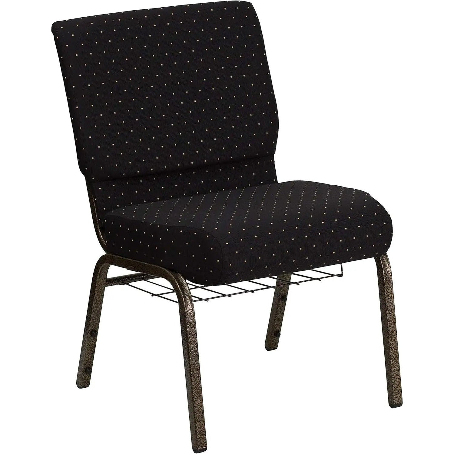 Black fabric Hercules 21-inch church chair with gold vein frame, built-in cup holder and underseat book rack for congregation seating.