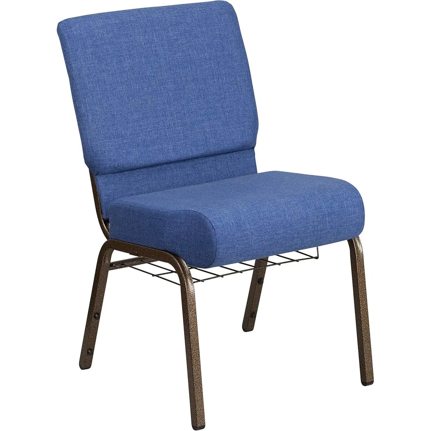 Blue fabric church chair with gold vein frame, waterfall seat, built-in cup and book rack, designed for comfort.