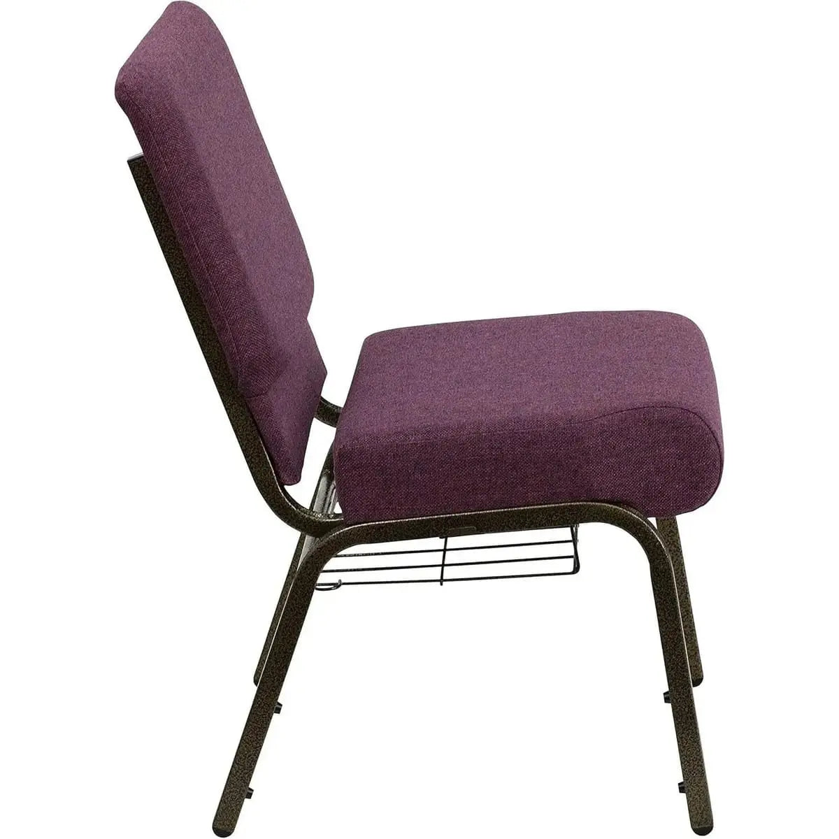 Brown fabric church chair with gold vein frame and built-in cup and book rack for enhanced comfort in religious settings.