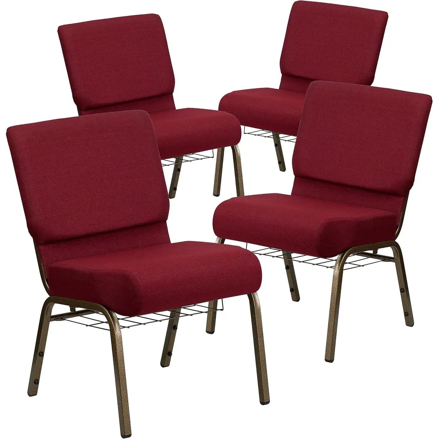 Set of four Hercules burgundy fabric church chairs with gold vein frames and built-in book racks, designed for religious or event spaces.