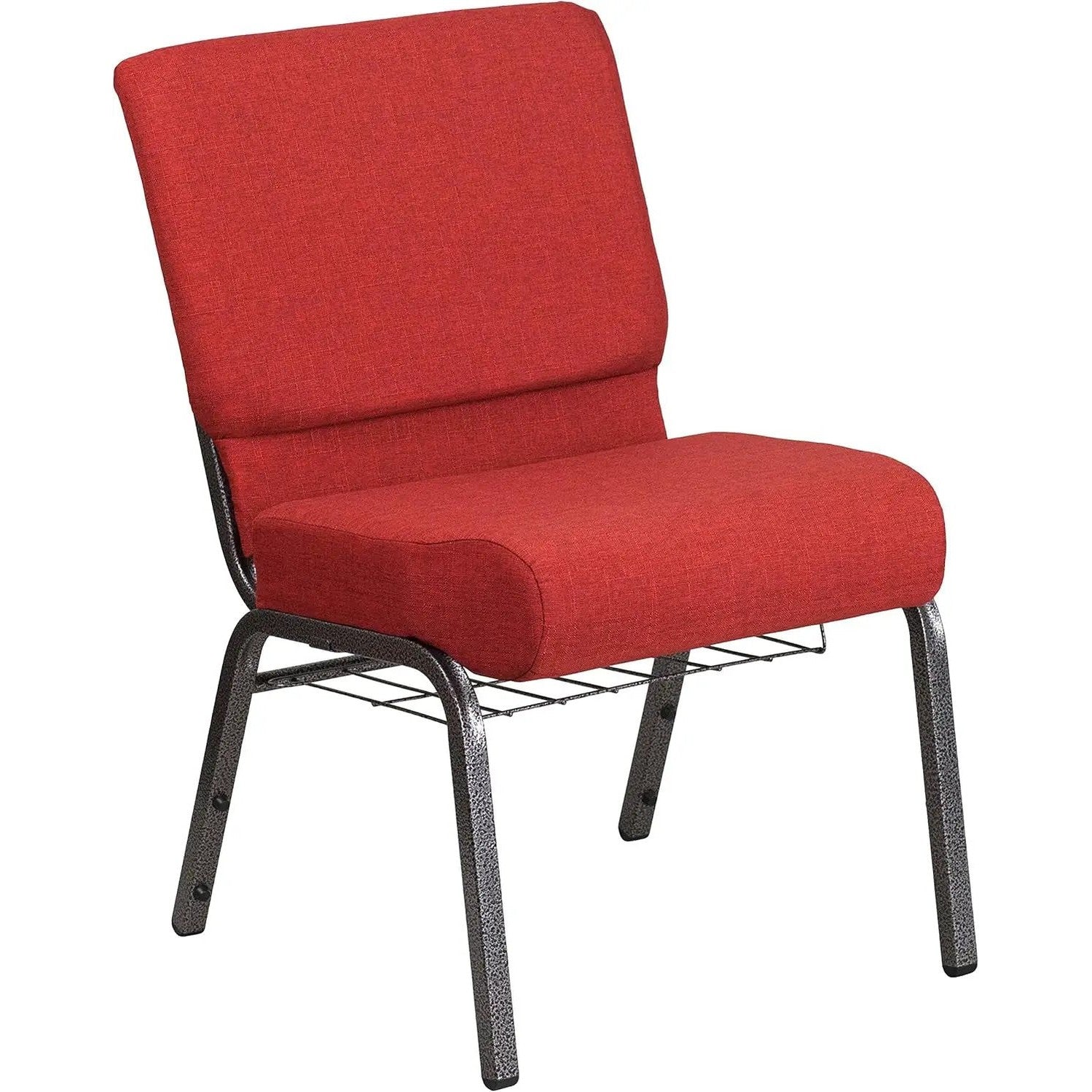 Crimson fabric church chair with waterfall seat and silver vein frame, designed for comfort, shown with a book on the seat.