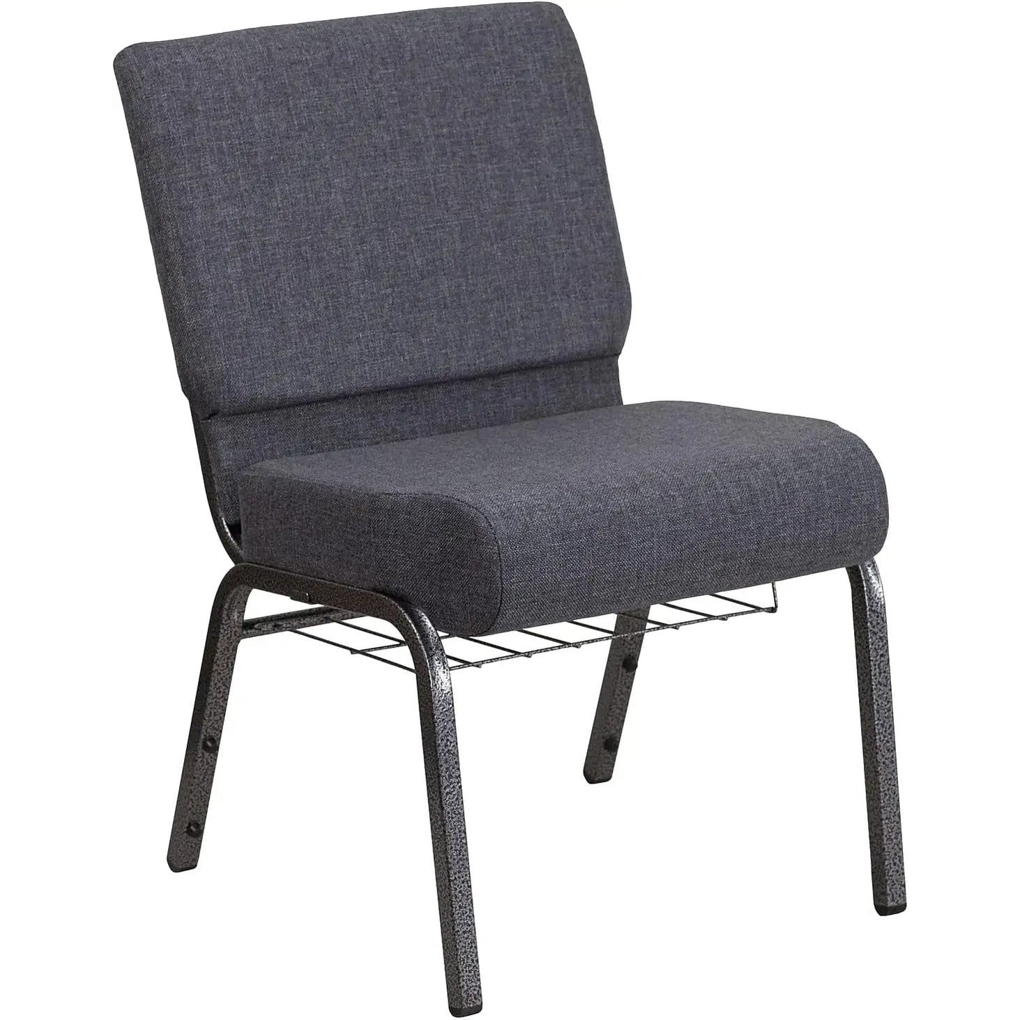 Dark gray fabric Hercules Series church chair with silver vein frame, built-in book rack, and 4-inch waterfall seat edge.