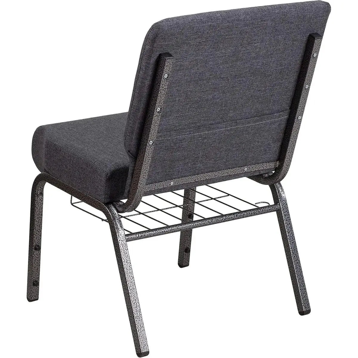 Set of four Hercules 21W padded church chairs with book racks, dark gray fabric, steel frames, and stacking design.