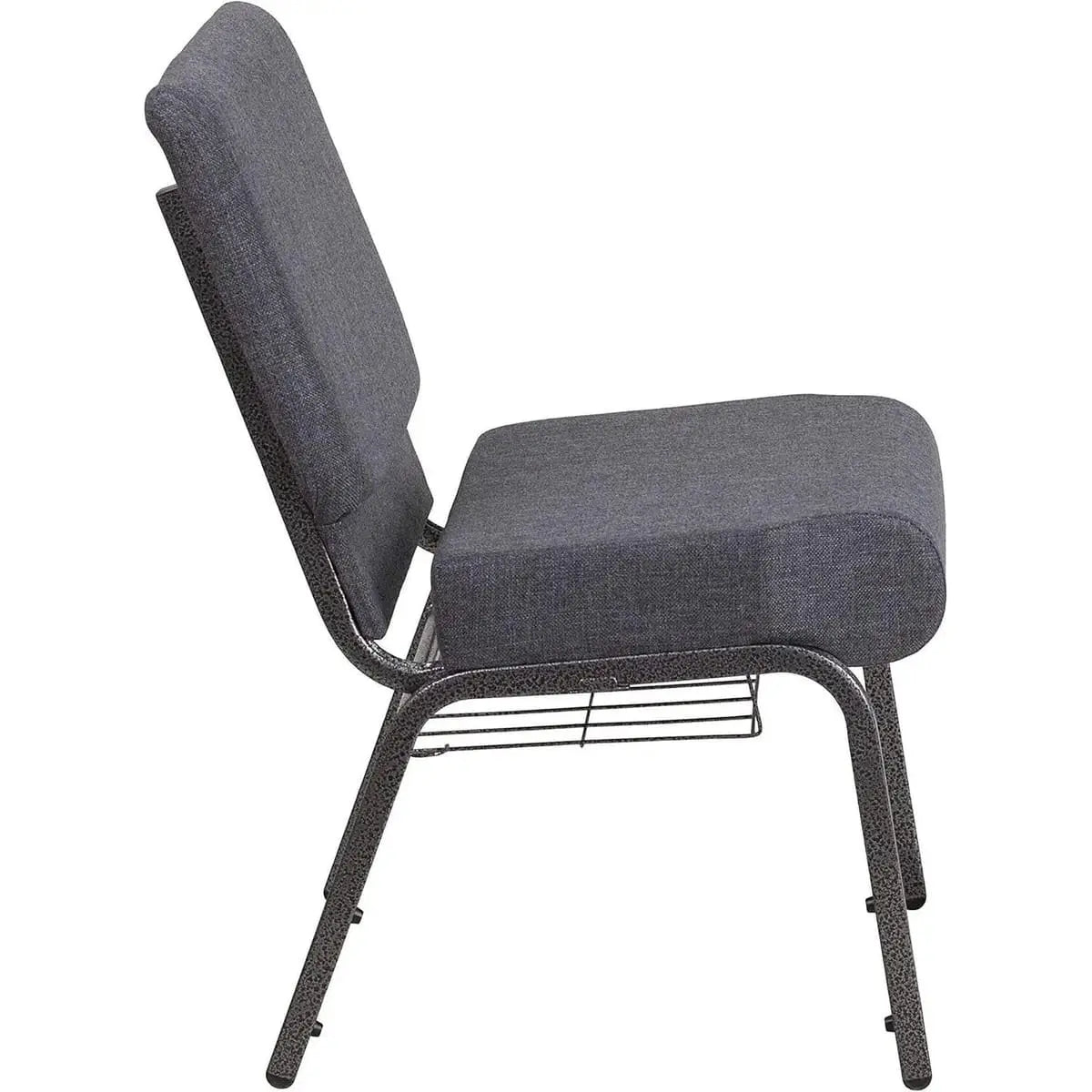 Set of four Hercules padded church chairs with book racks, dark gray fabric, steel frames, and stacking design for comfortable seating.