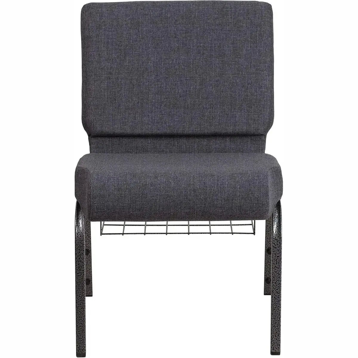 Set of 4 Hercules padded church chairs with dark gray fabric, steel frames, built-in book racks, and stacking design for comfort.