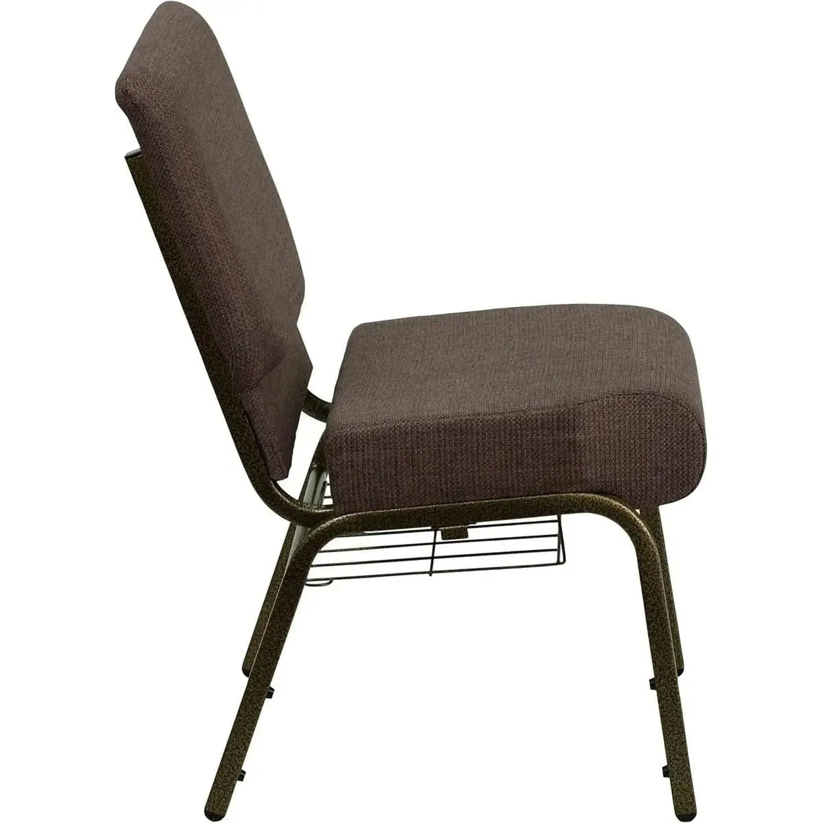 Set of four Hercules church chairs with dark gray fabric, silver frame, and built-in book racks for religious or community spaces.