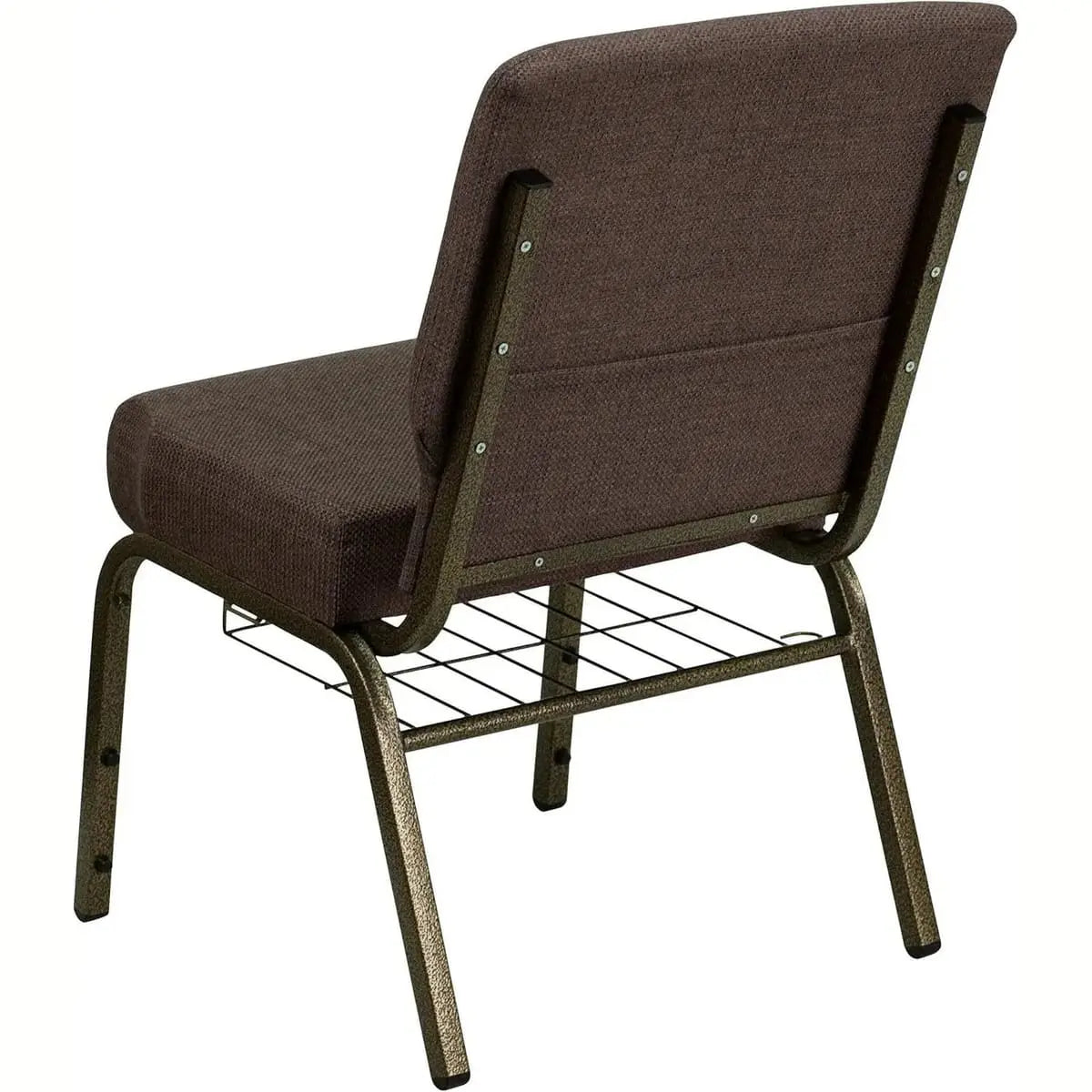 Set of four Hercules church chairs with dark gray fabric seats, silver vein frames, and built-in book racks.